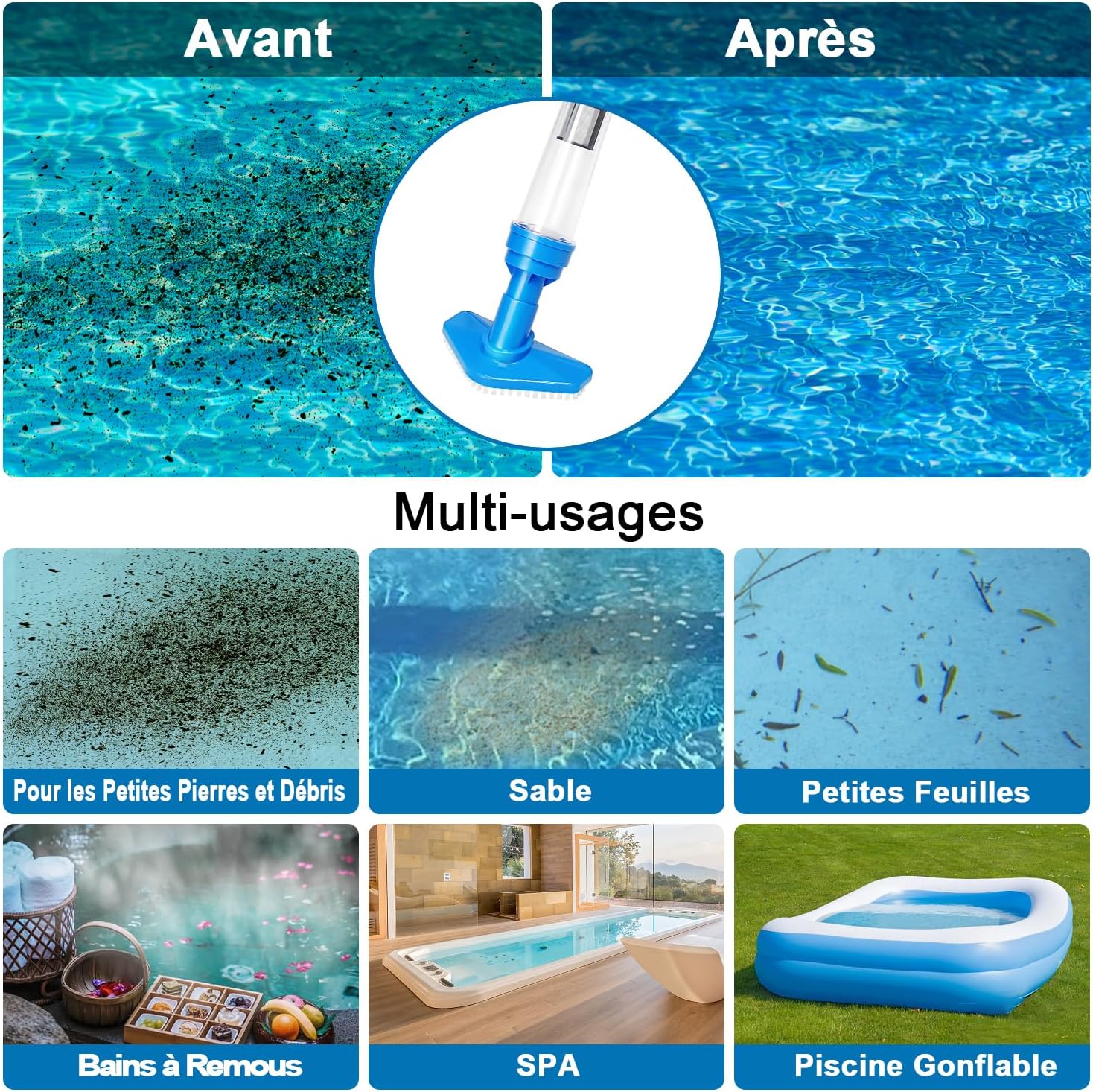 Aspirateur de piscine - 3 en 1, sans fil, batterie rechargeable, 90 min d'autonomie