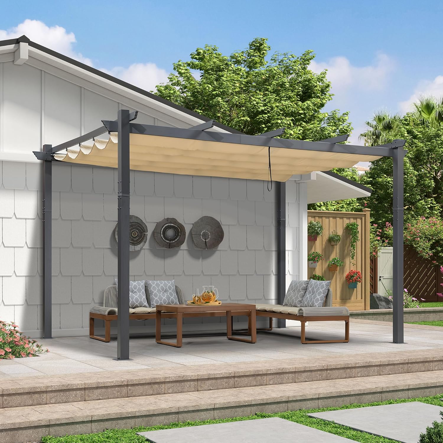 karaca-alisveris - Pergola murale - 4 x 2,7 m - toit coulissant alu, tissu kaki