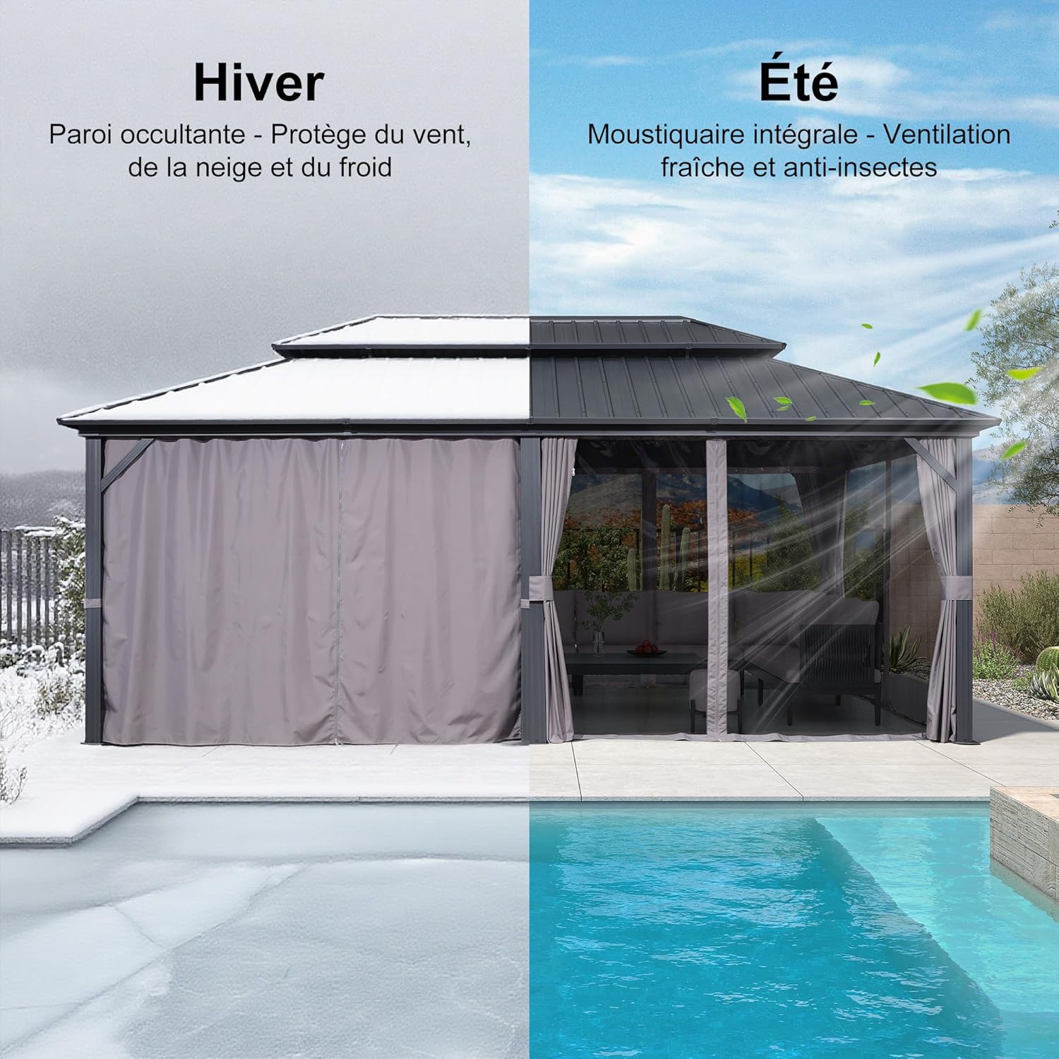 karaca-alisveris - Tonnelle double toit rigide, 6 x 3,65 m, moustiquaire, aluminium, gris