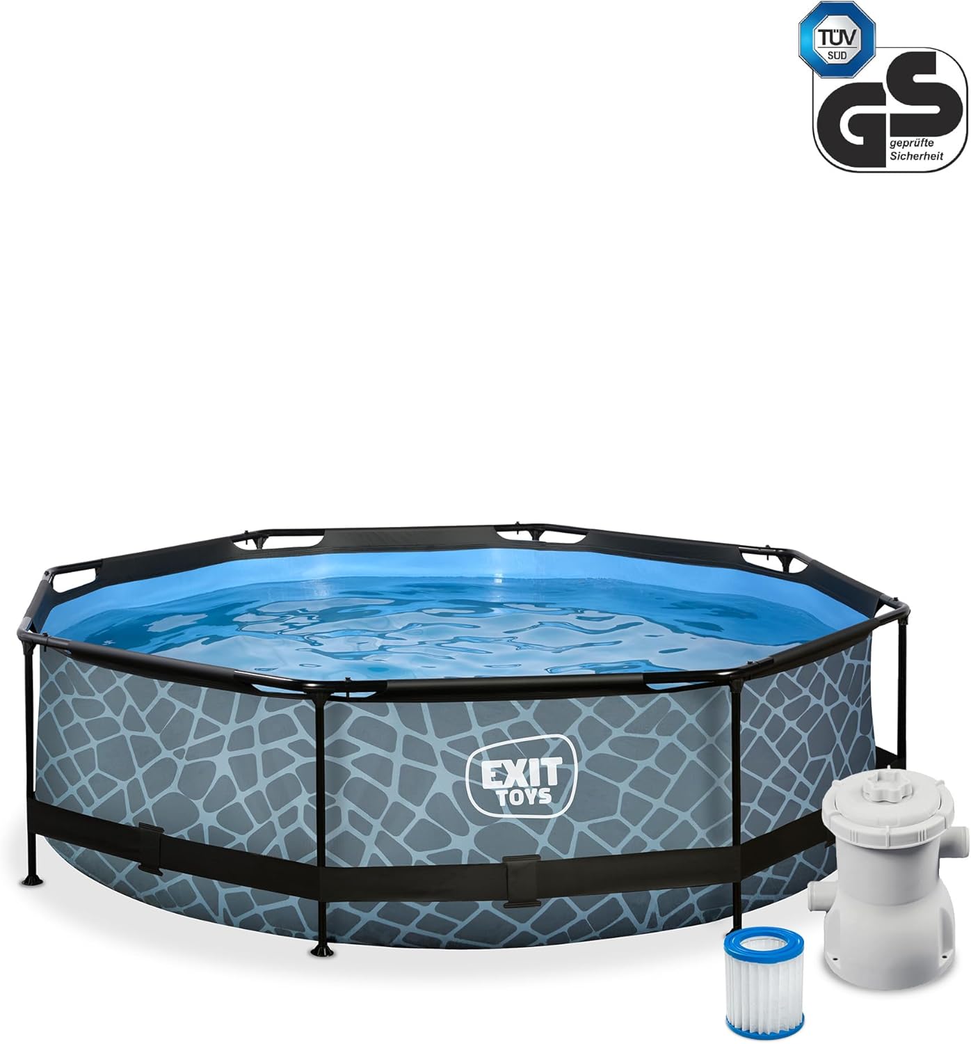 karaca-alisveris Piscine Tubulaire Stone - ø300x76cm - Piscine Hors Sol Ronde avec Pompe Filtrante à Cartouche - Entrée Basse - Idéal pour Les Jeunes Enfants - Cadre Stable - Design Unique - Gris