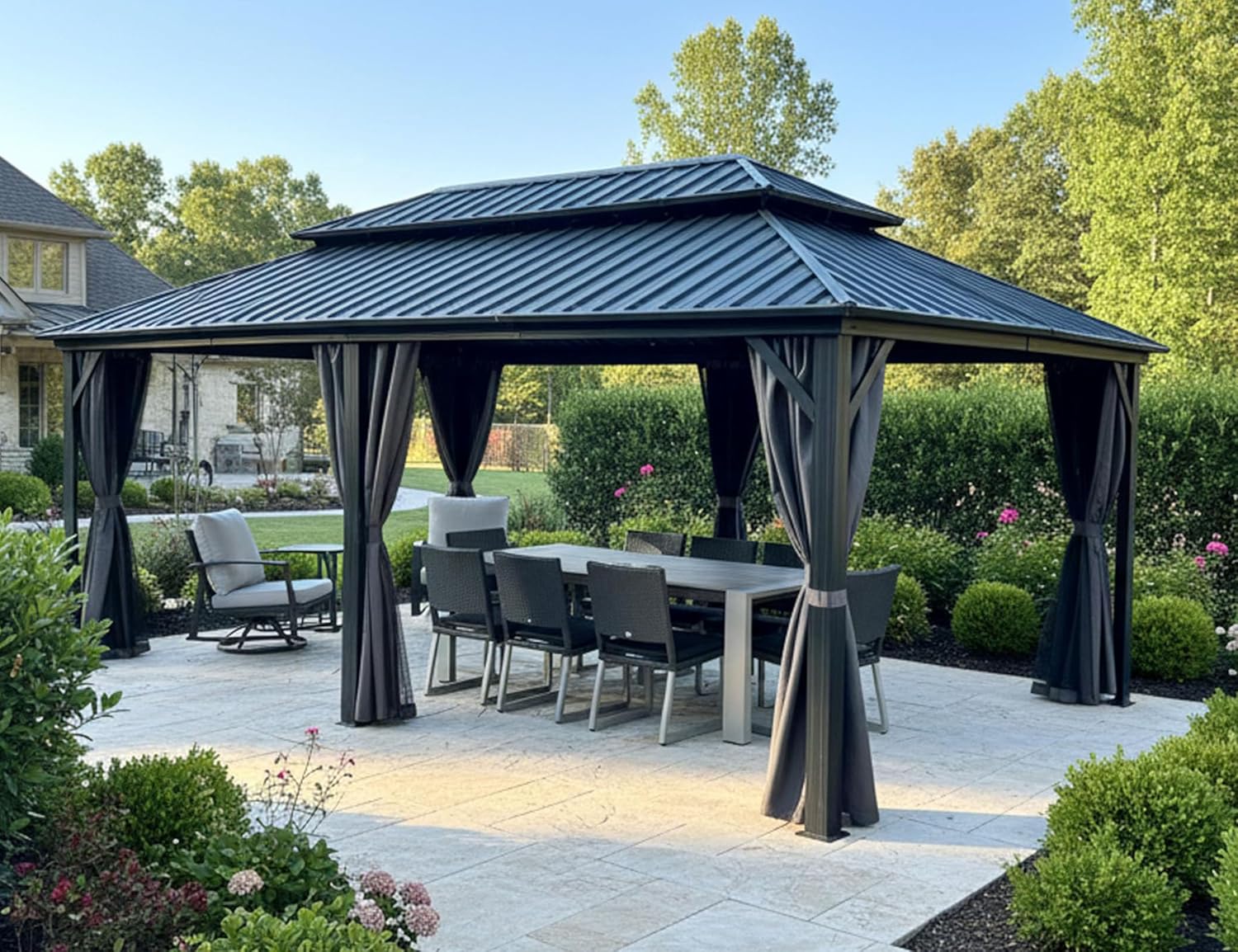 karaca-alisveris - Tonnelle double toit rigide, 6 x 3,65 m, moustiquaire, aluminium, gris