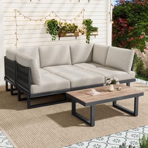 Salon de Jardin modulable 6 places, acier, coussins 14 cm, table verre, convertible