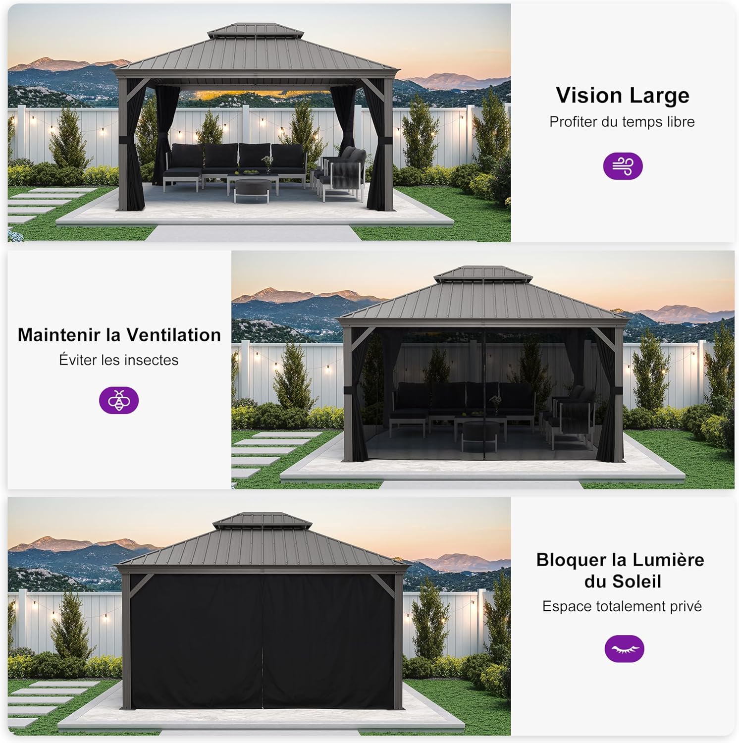 karaca-alisveris - tonnelle jardin double toit - 3,65x4,25m - aluminium, moustiquaire, rideaux