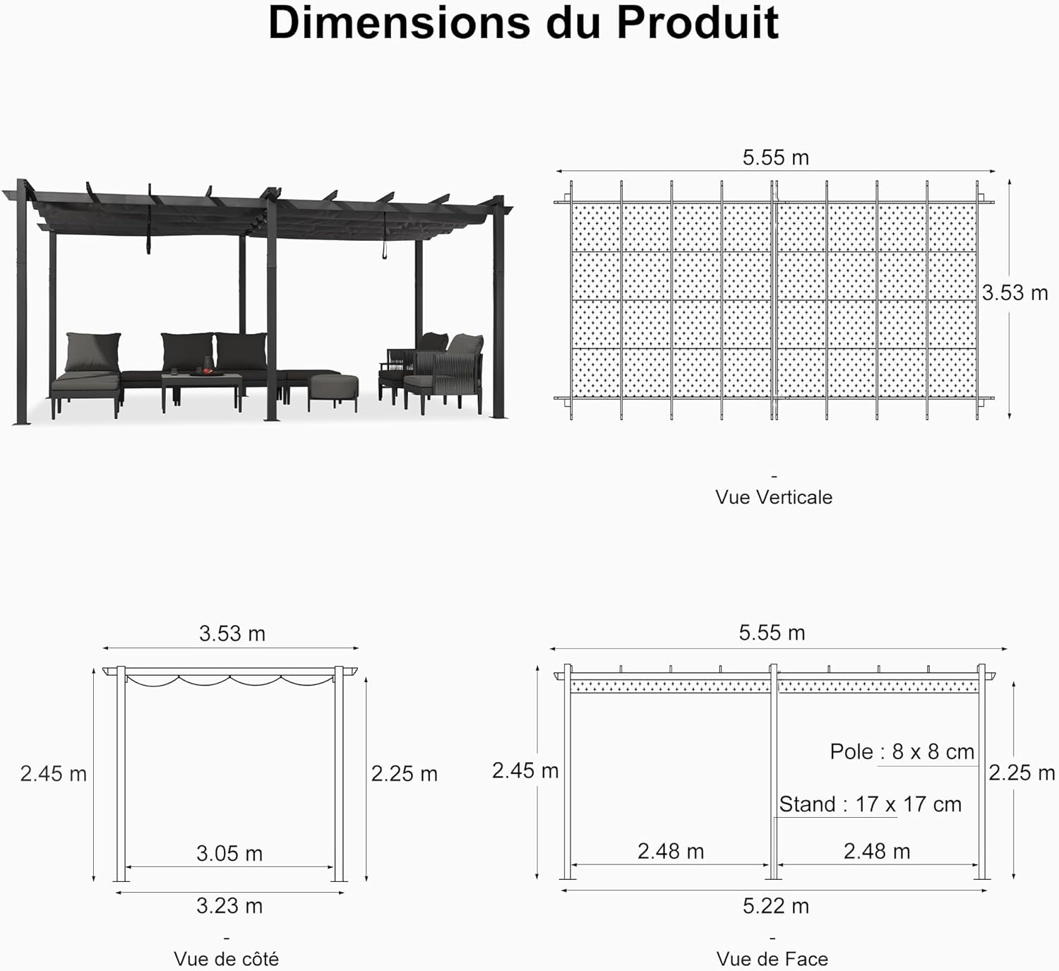 karaca-alisveris - Pergola Aluminium 5.5 x 3.5 m - Éclairage LED intégré, toit rétractable, tissu teinté, structure résistant