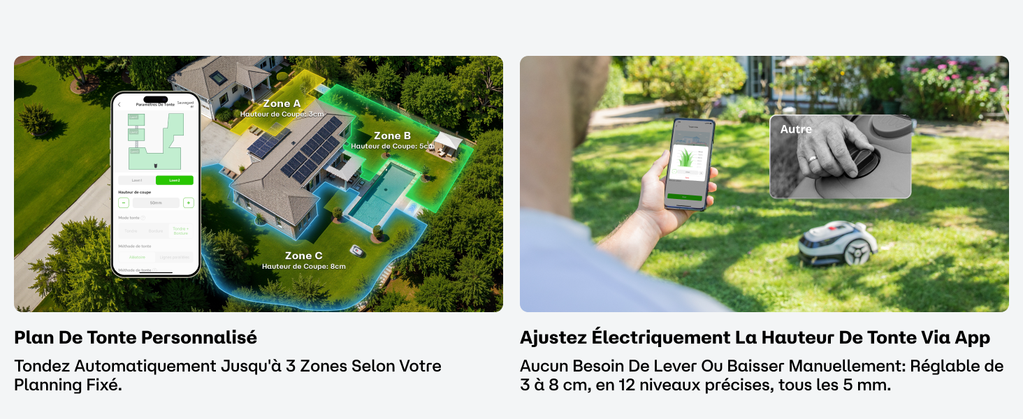 Scènes de jardin extérieur montrant des équipements et des activités d'entretien des pelouses avec des superpositions de texte décrivant les caractéristiques du produit.