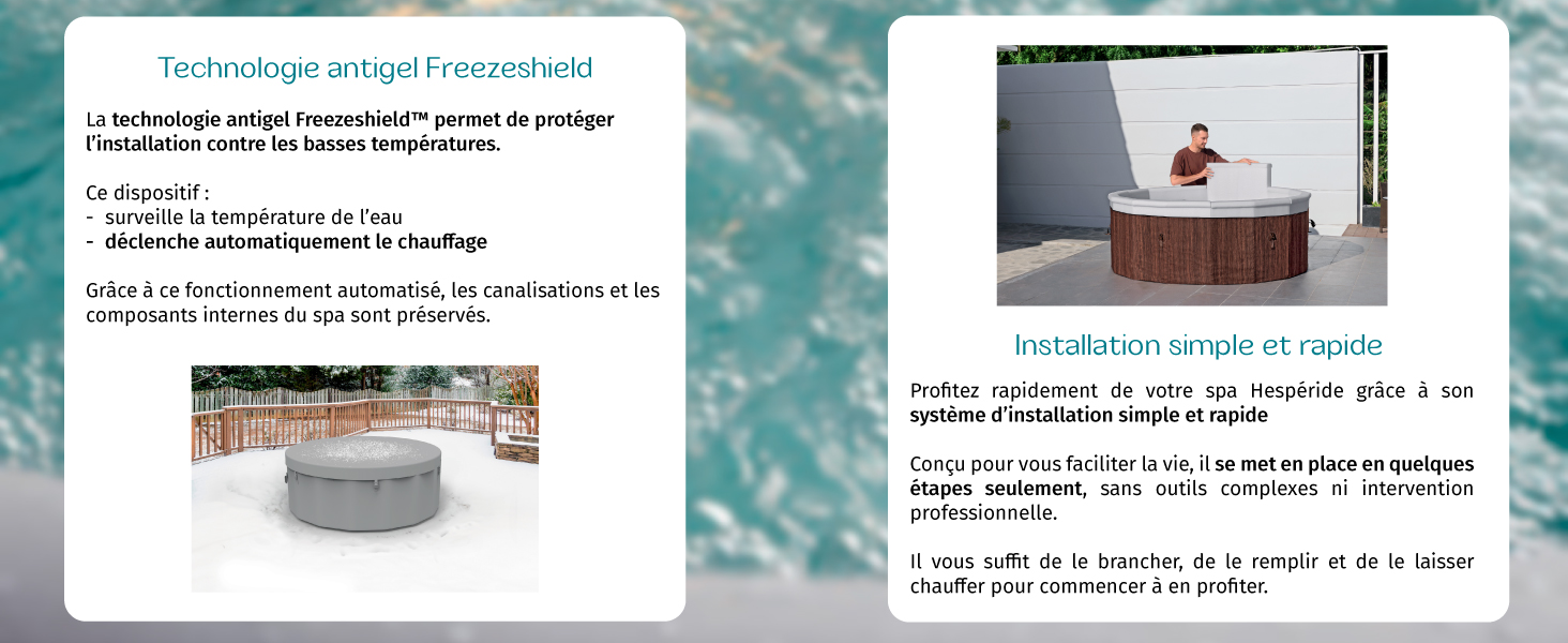 Présentation du produit à deux panneaux montrant des contenants cosmétiques sur fond texturé turquoise (panneau de gauche) et démonstration de l'application du produit sur une surface blanche avec placement de l'article (panneau de droite) avec des blocs de texte descriptifs.