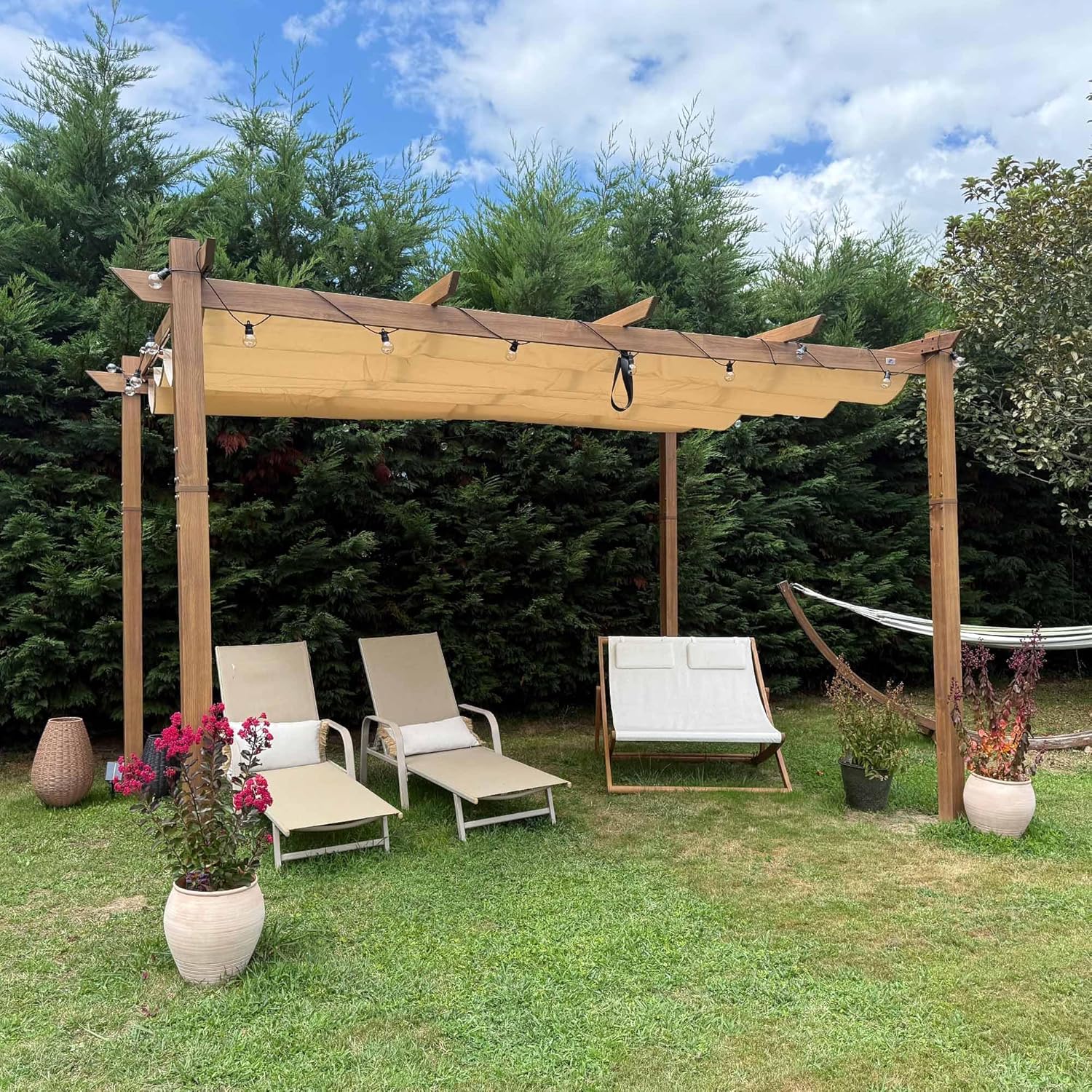 karaca-alisveris - Pergola aluminium 4x3m, toit rétractable, éclairage intégré, finition teck, kaki