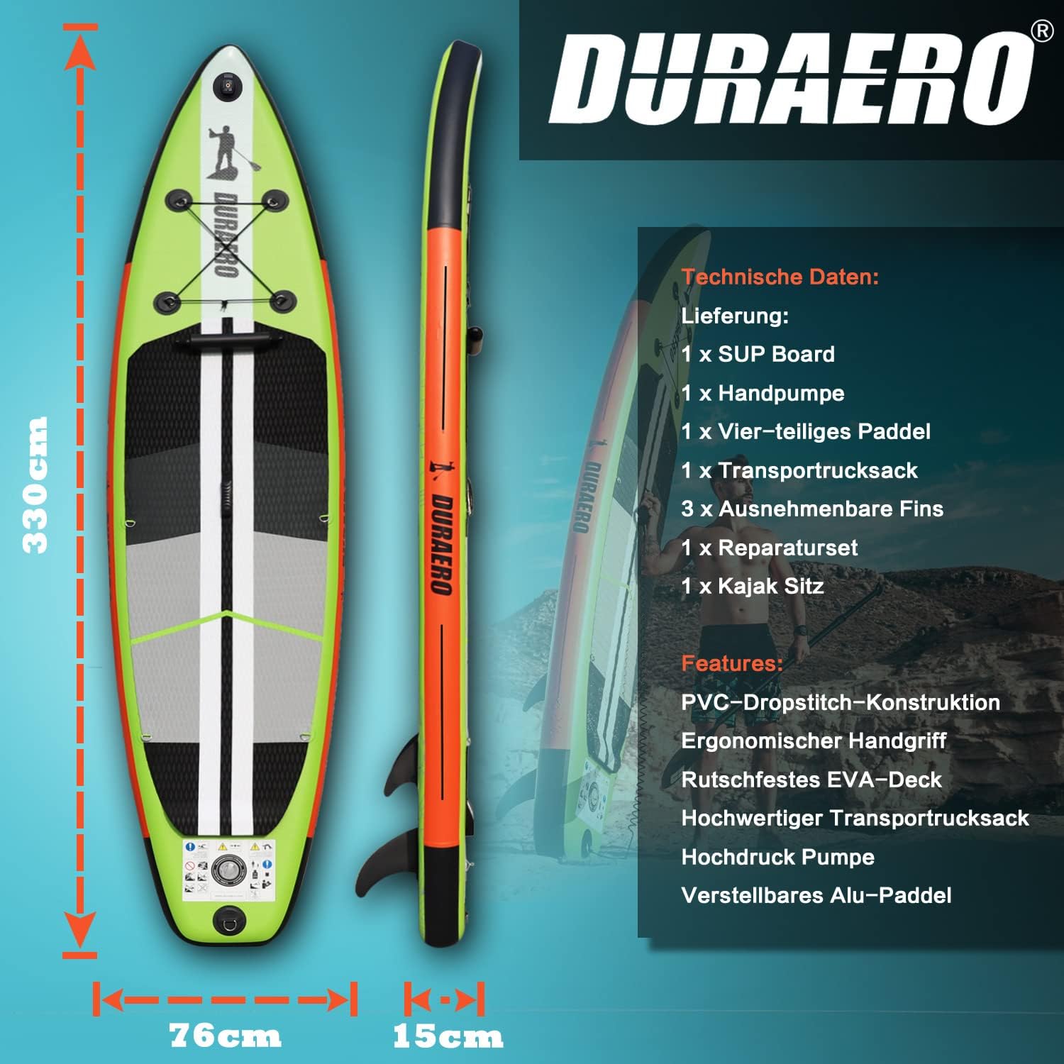 Siège de Kayak Gonflable Stand Up Paddle et Support de caméra, pagaie 2 en 1 330x76x15cm, Pompe jusqu'à 150kg avec Sangle de Pied, Sac à Dos