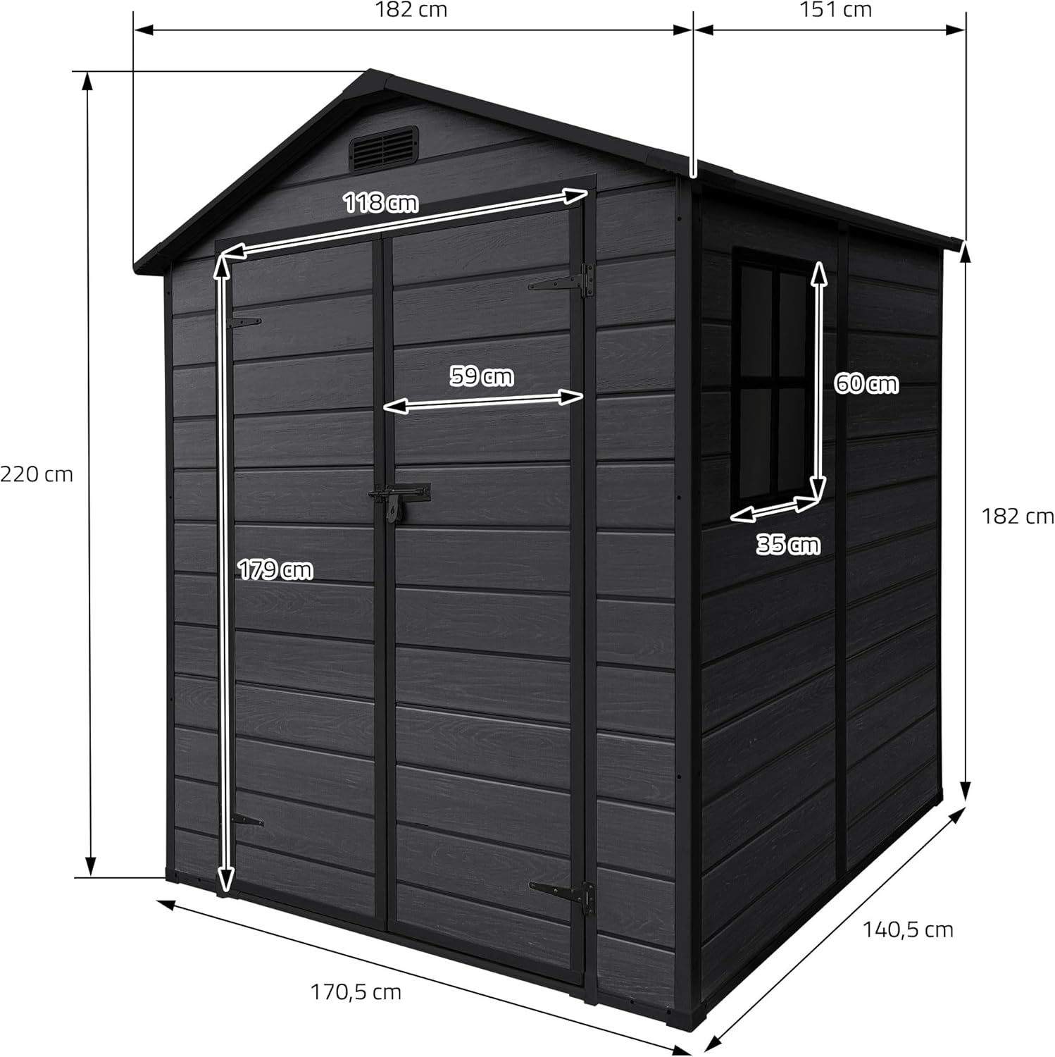 karaca-alisveris - Abri de jardin résine 151x182x220 cm double porte, 5m³, fenêtre, ventilation