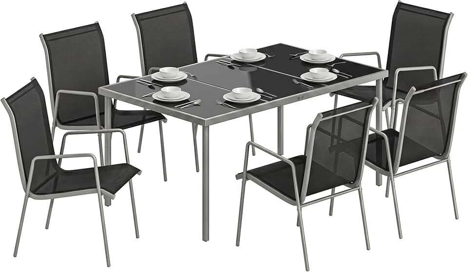 karaca-alisveris - salon jardin 6 personnes - table verre, chaises empilables, textilène, argent