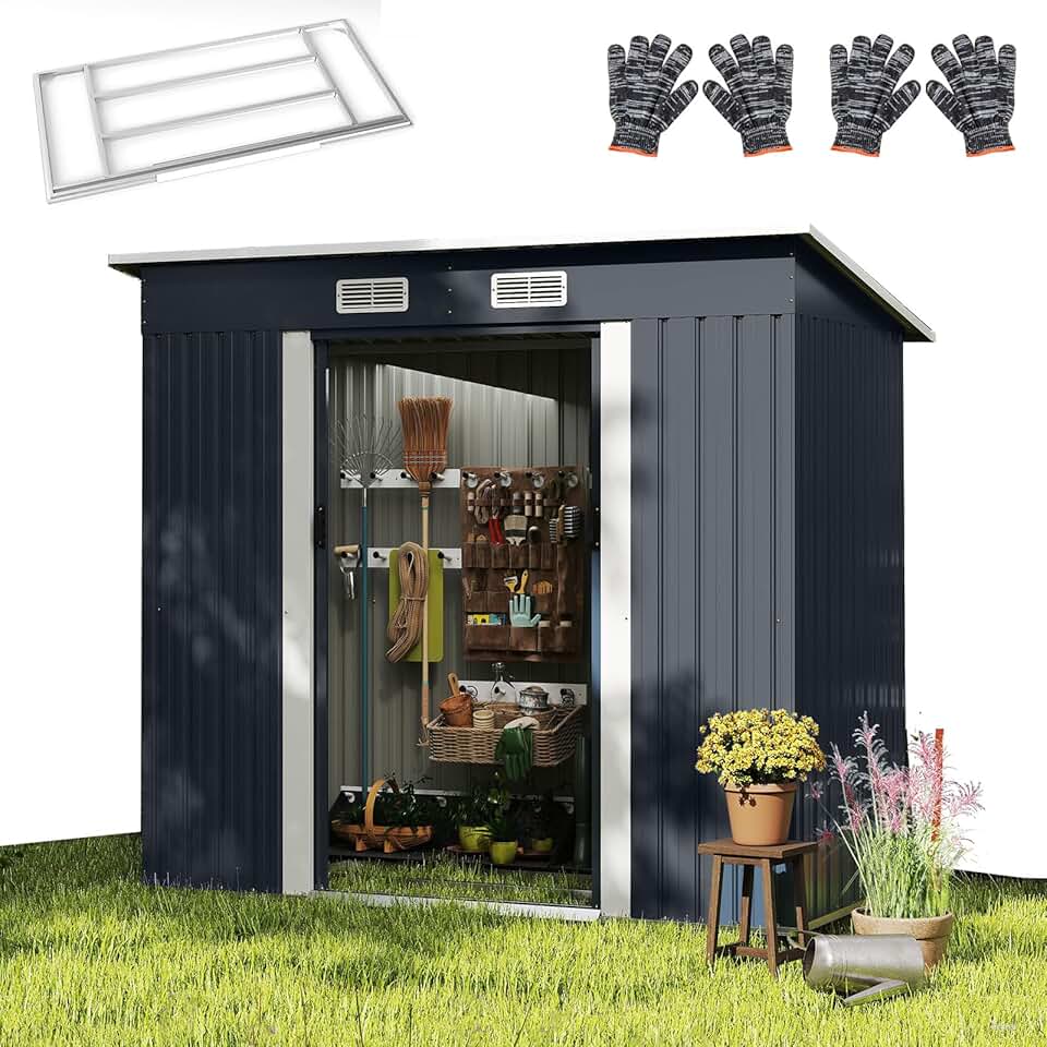 karaca-alisveris Abri de Jardin en Métal 4m³ avec Toit Incliné, Porte Coulissante Verrouillable et Aérations, Cabane à Outils Extérieur pour Jardin, Cour, Pelouse, Patio, 213 x 112 x 186 CM