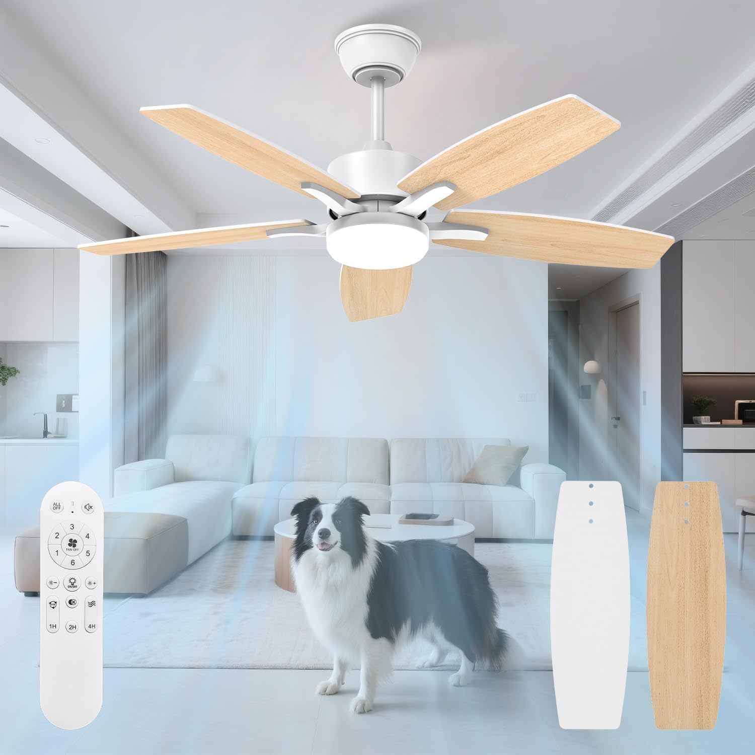 Silencieux Ventilateur Plafond avec Lumiere et Telecommande, 106cm Dimmable Lampe Ventilateur Plafond LED avec 5 Pales Doubles, Bois Clair/Blanc pour Chambre, Salon, Minuterie, 6 Vitesses