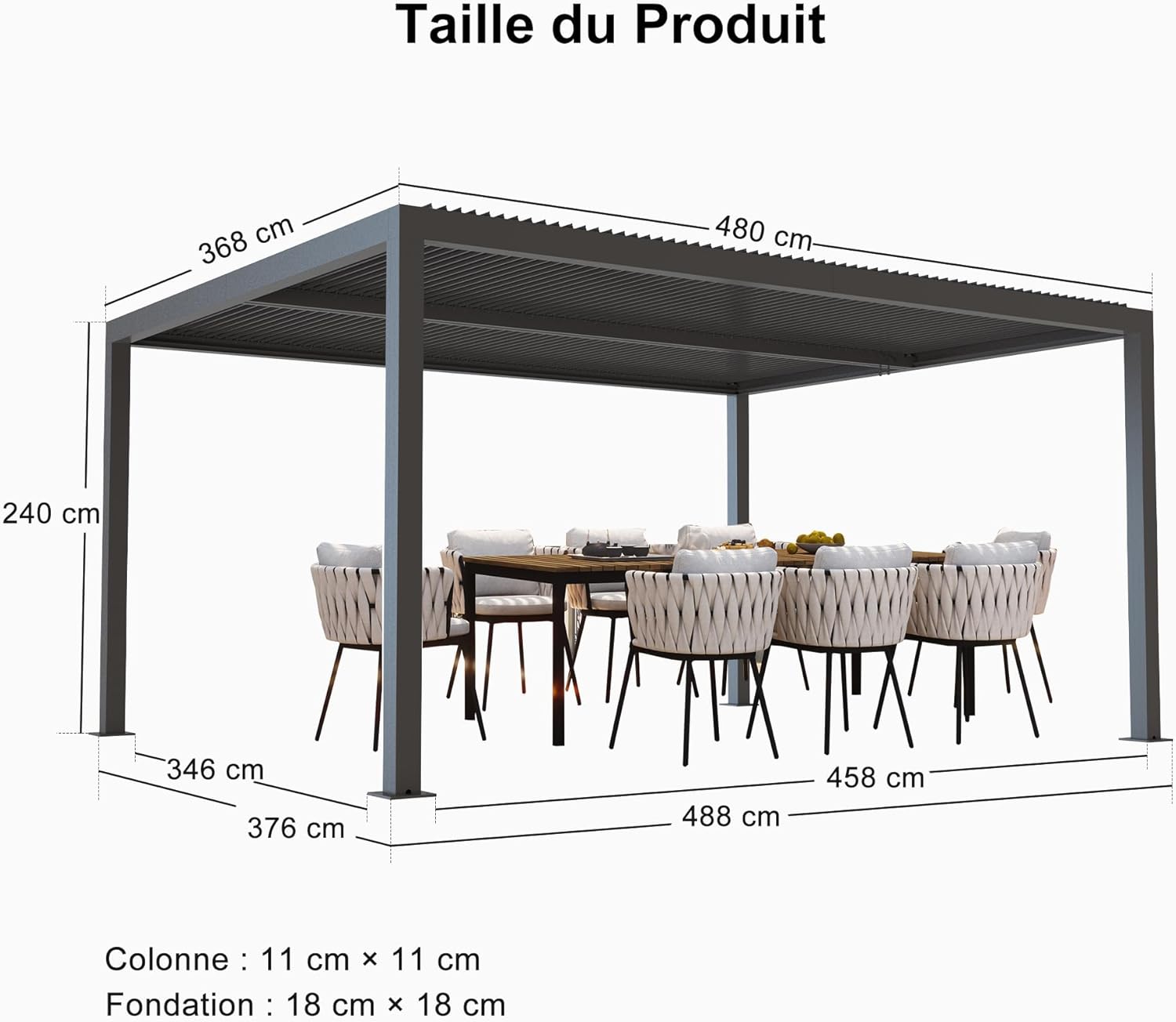 karaca-alisveris - Pergola bioclimatique série aluminium - 4,8x3,68m - lames orientables, persiennes fixes, gris