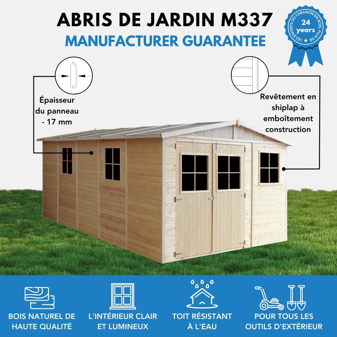 ABRI de Jardin en Bois Exterieur avec Les PLANCHERS IMPRÉGNÉ - Chalet en Pin/épicéa- H226x324x516 cm/15 m²- Construction de Panneaux- Rangement pour vélos, Remise à Outils- karaca-alisveris M337+M337G