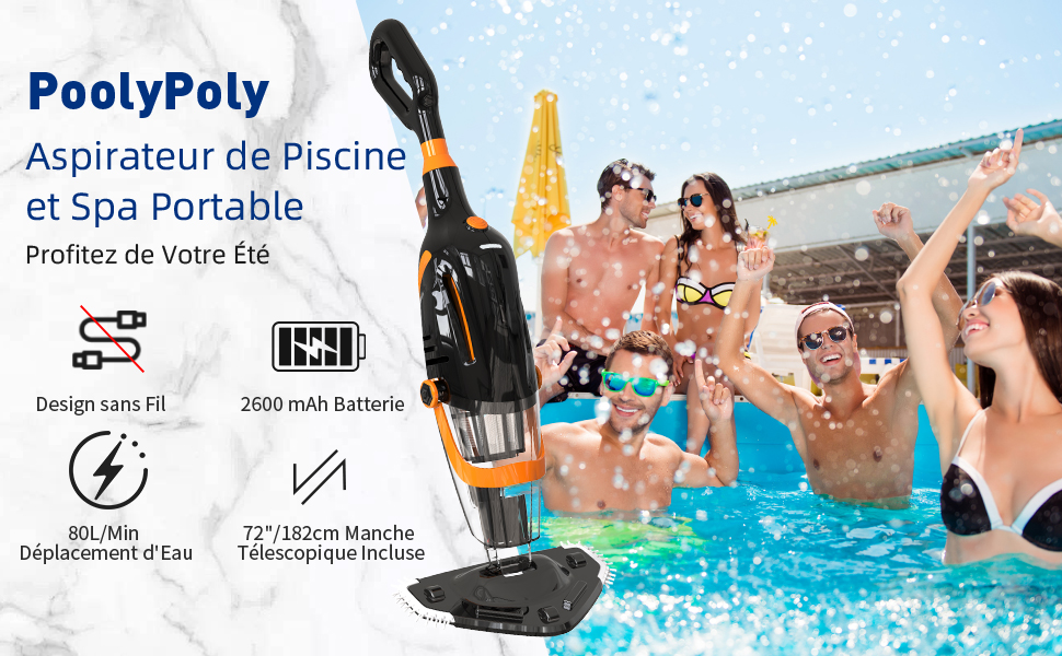 Le texte indique « karaca-alisveris Aspirateur de piscine et spa portable » montrant un aspirateur de piscine avec des spécifications, notamment une batterie de 2 000 mAh et des démonstrations d'utilisation dans les paramètres de la piscine.