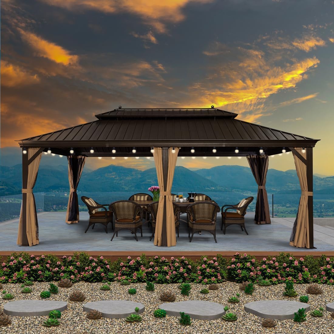 karaca-alisveris - tonnelle jardin extérieur - 6x3,65m - alu, éclairage, rideaux, gouttière, poteaux renforcés, bronze