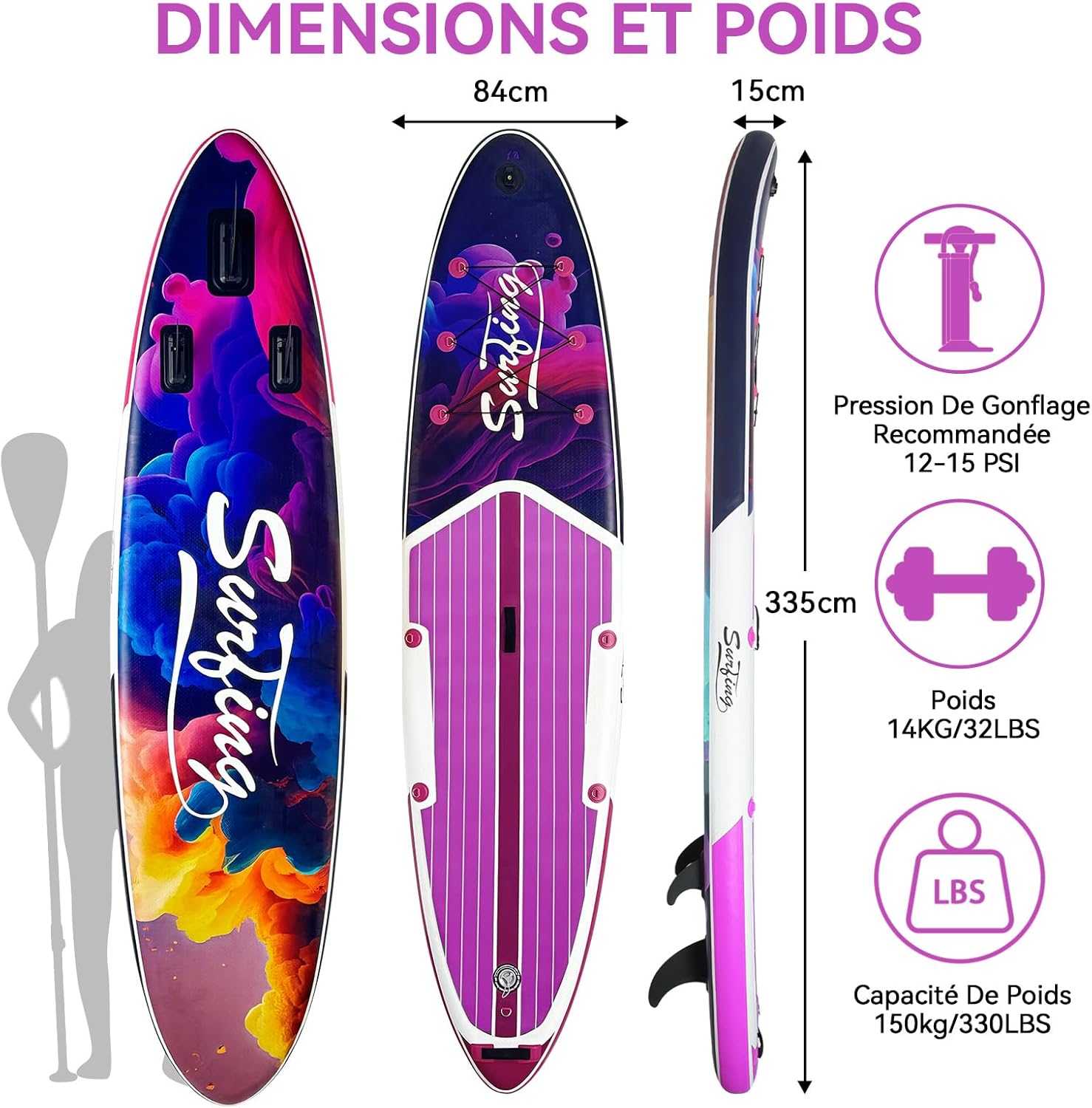 karaca-alisveris - Paddle gonflable 320/335 cm - 2 places, siège kayak, pagaie, pompe, 150 kg