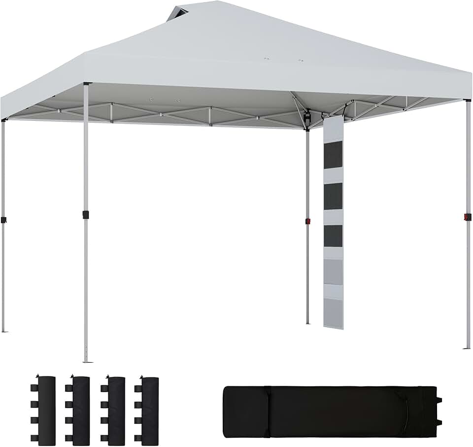 karaca-alisveris Tonnelle de Jardin 3 x 3 m Pop up Tente Pliante Hauteur réglable Protection UV50+ tonnelle Pliante avec 5 Poches 4 Sacs de Sable Sac de Transport à roulettes Montage Facile à 1 Bouton Blanc