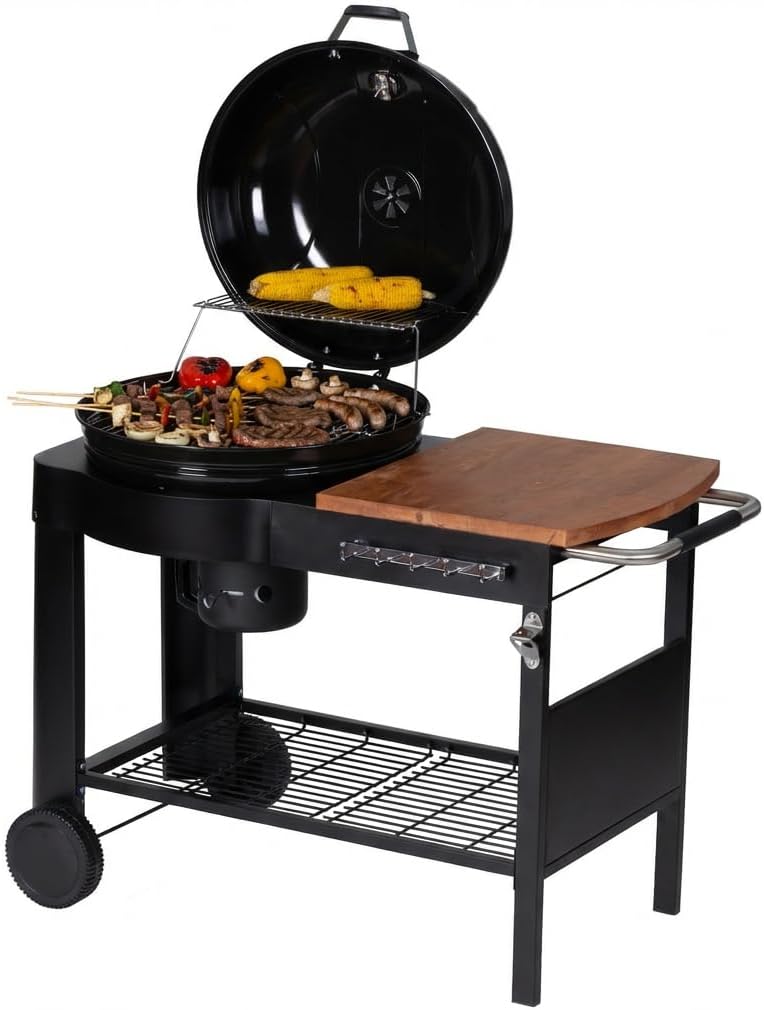 karaca-alisveris - Barbecue Calgary - acier/bois - couvercle thermomètre, tablettes, 2 roues, noir