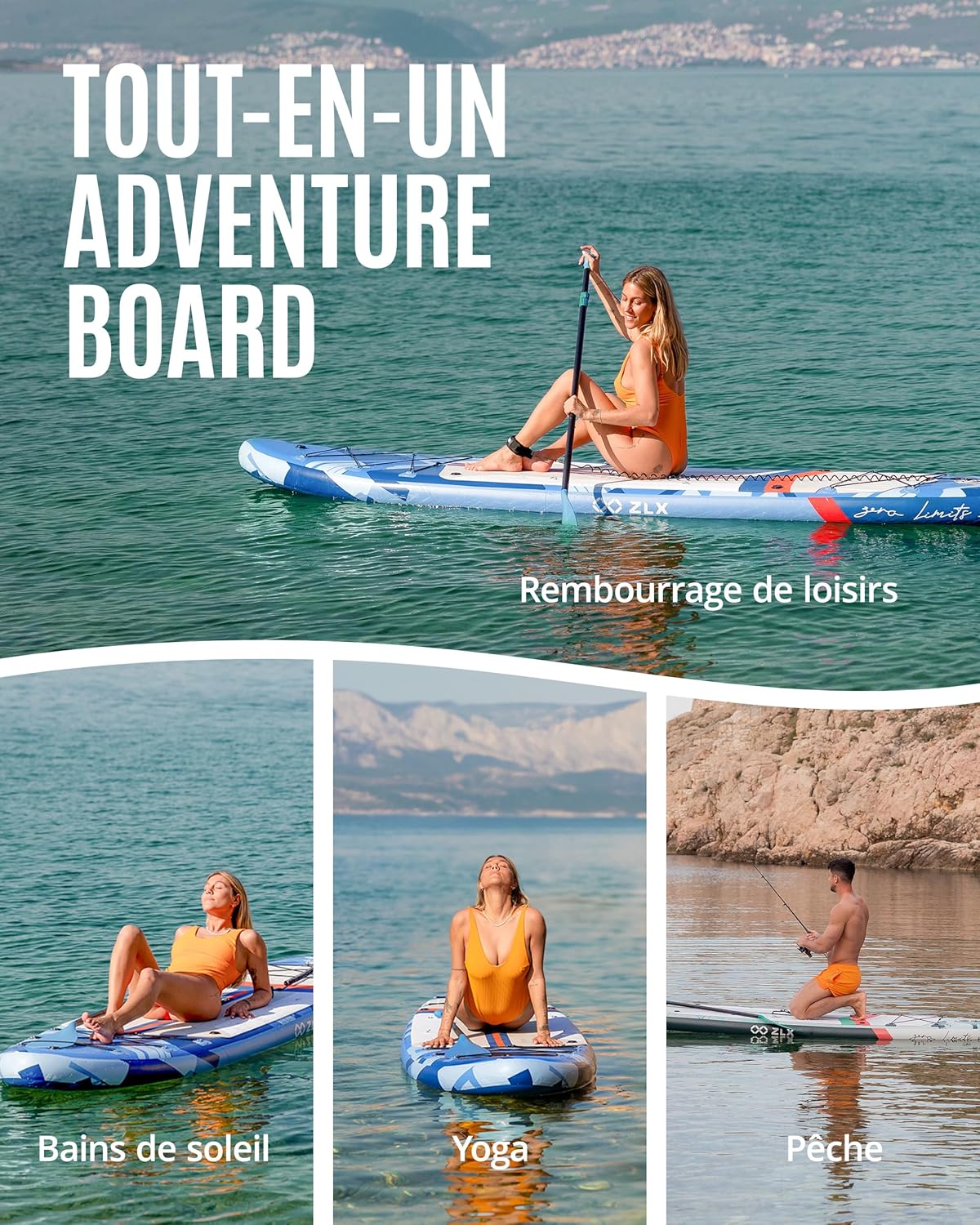 ZLX - Paddle gonflable extra large 350x89cm, planche stable, accessoires, ZLX