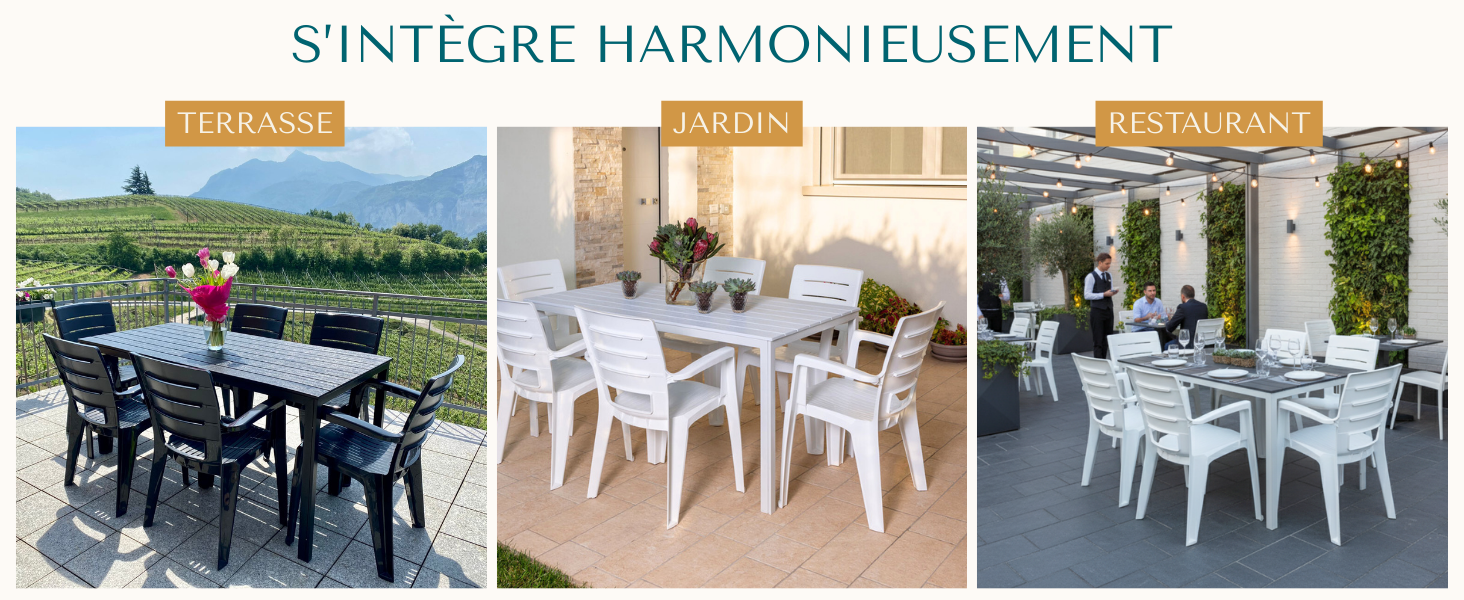 Le texte se lit comme suit : « INTÉGRATION HARMONIEUSE ». Image à trois panneaux montrant des ensembles de salle à manger d'extérieur en noir, blanc et gris, avec des tables et des chaises de style moderne sur les patios.