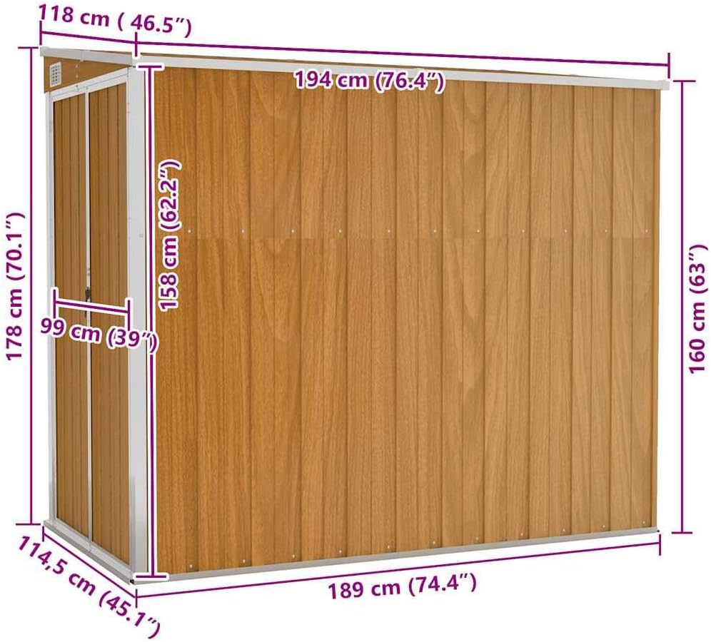 karaca-alisveris Abri de Jardin Mural Marron 118x194x178 cm Acier galvanisé,Structures extérieures, Cabanes & abris de Jardin,316224