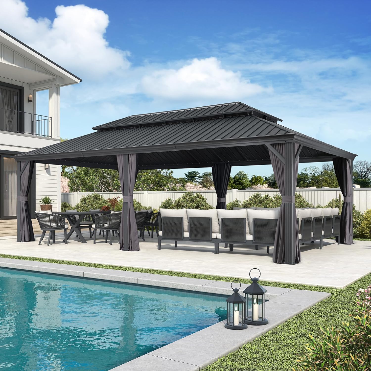 karaca-alisveris - Tonnelle Jardin 7,32x4,25m - acier, rideaux, moustiquaire
