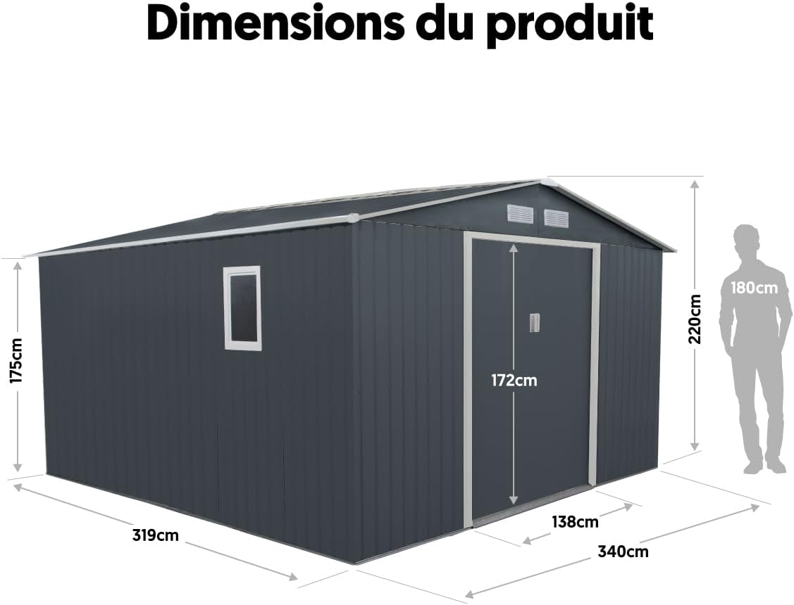 Abri de Jardin Métal anthracite 10,85m², parois 175cm, fenêtre, kit ancrage