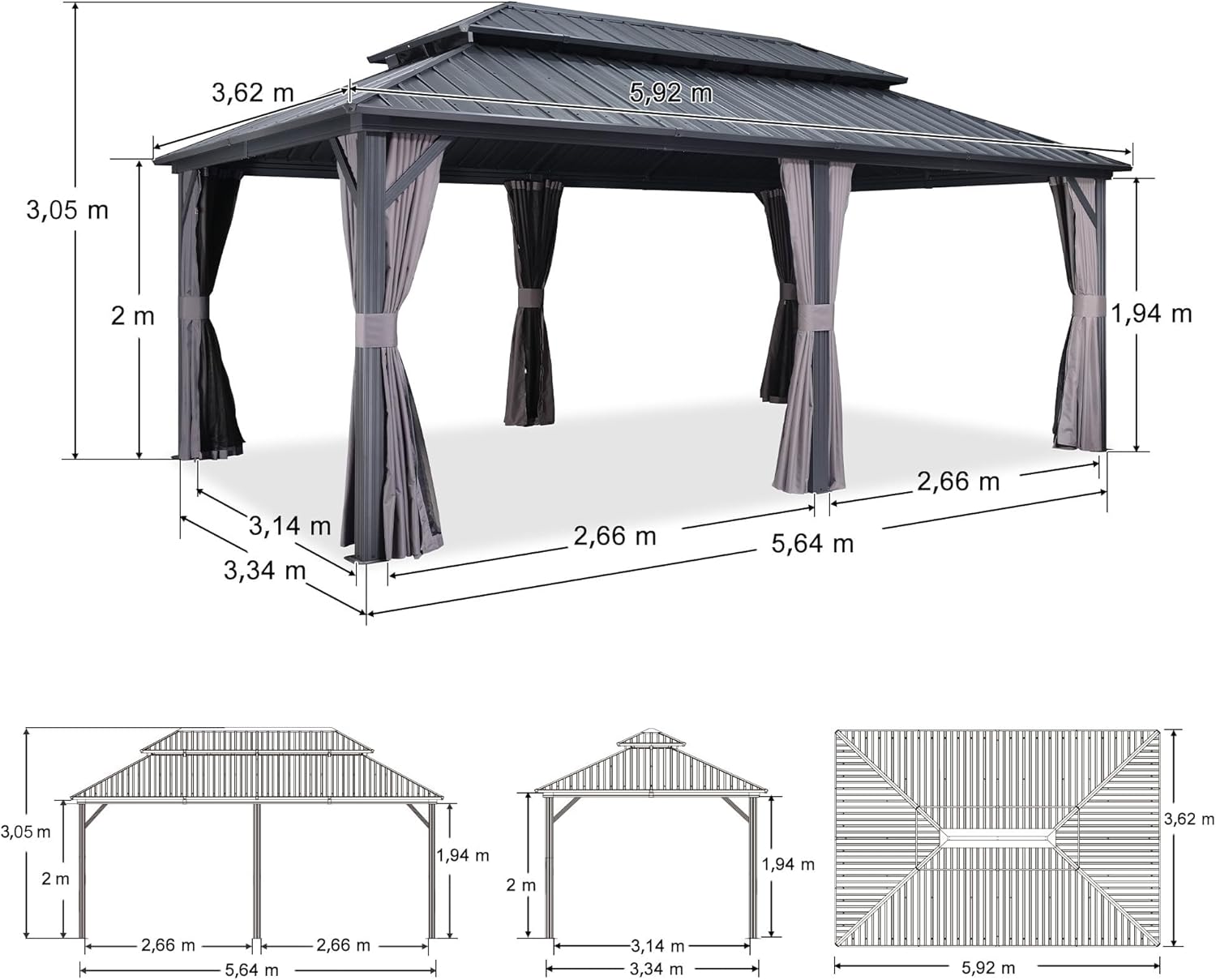karaca-alisveris - Tonnelle double toit rigide, 6 x 3,65 m, moustiquaire, aluminium, gris