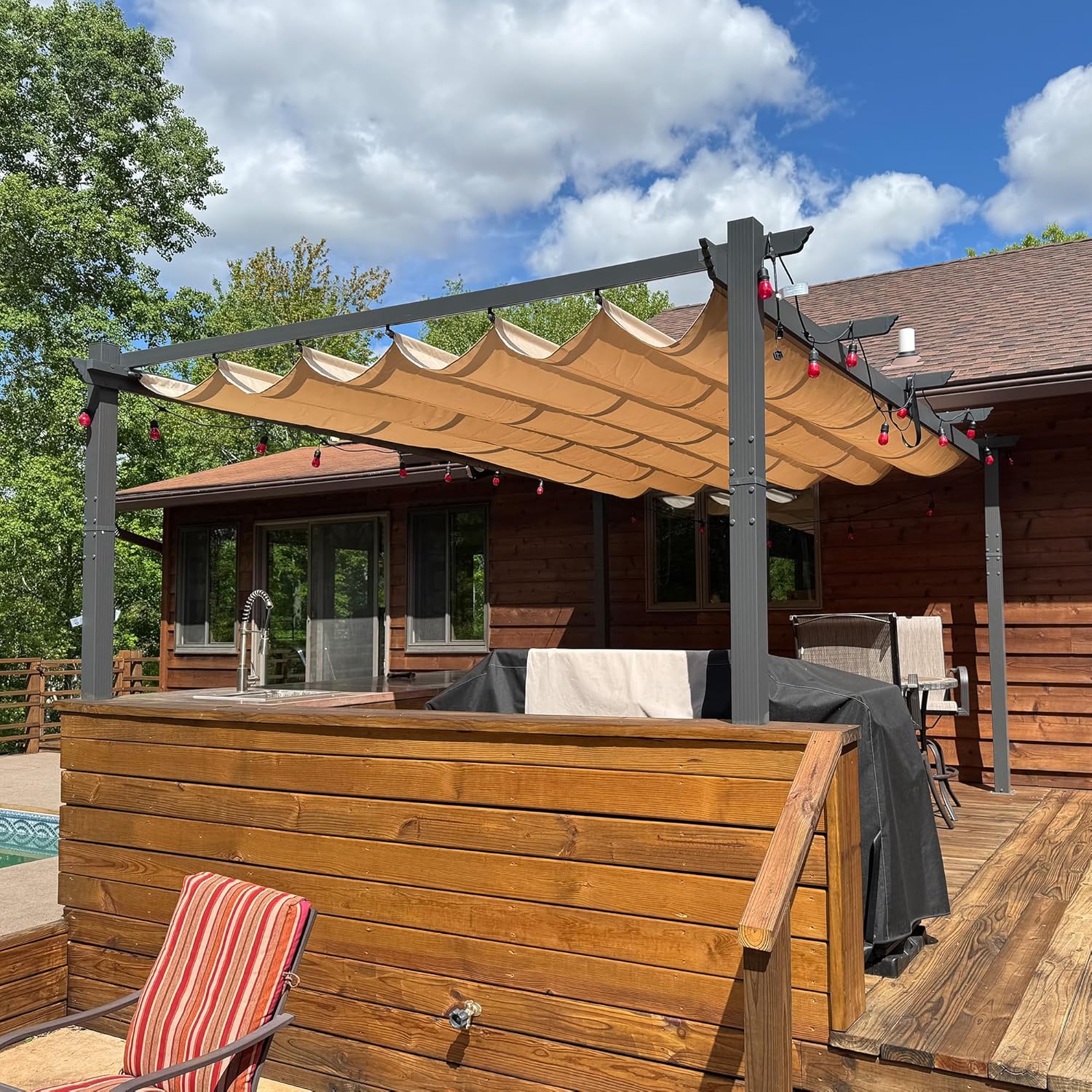 karaca-alisveris - Pergola aluminium série - 4,8x3,5m - toit coulissant, tissu teint fil, kaki