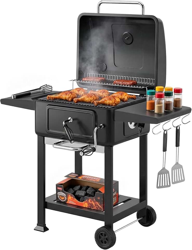 karaca-alisveris - barbecue charbon réglable - grand format - chariot, tablettes, cheminée, roues, thermomètre