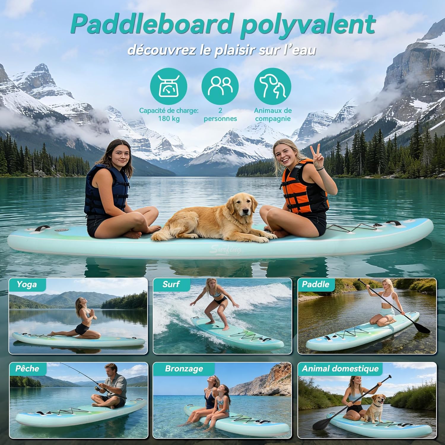 karaca-alisveris - paddle gonflable adulte - 320/335cm - 2 places, siège kayak, pagaie alu, support caméra, pompe, 150 kg