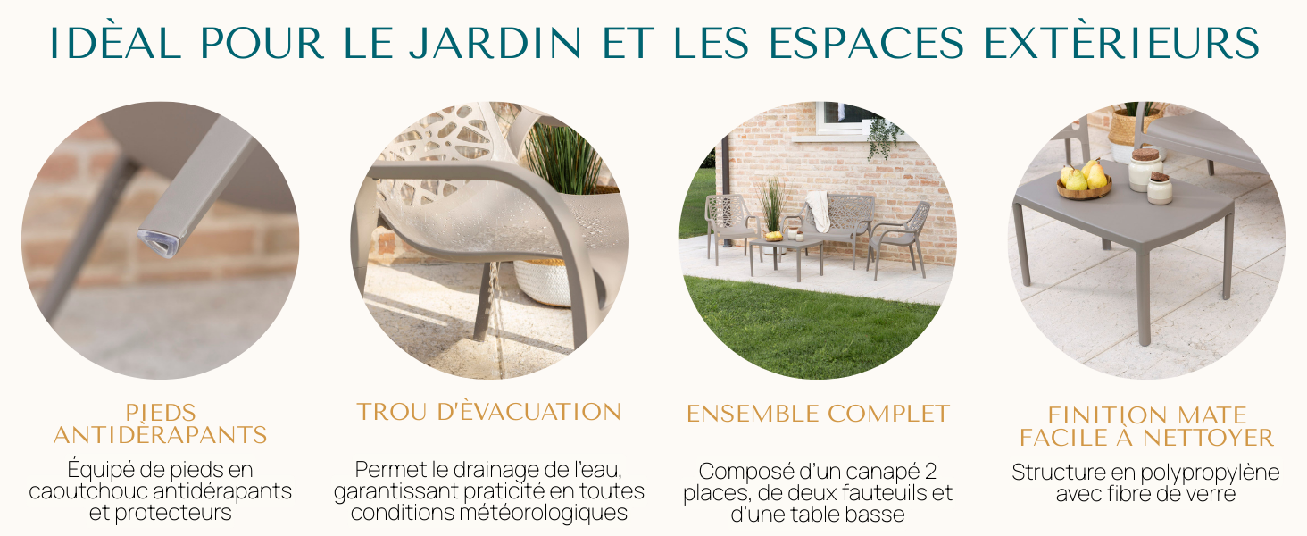 Le texte se lit comme suit : « IDÉAL POUR LE JARDIN ET LES ESPACES EXTÉRIEURS ». Quatre images des caractéristiques du produit montrant des meubles d'extérieur avec des descriptions textuelles en français pour les pieds antidérapants, les trous de drainage, l'ensemble complet et la finition facile à nettoyer.