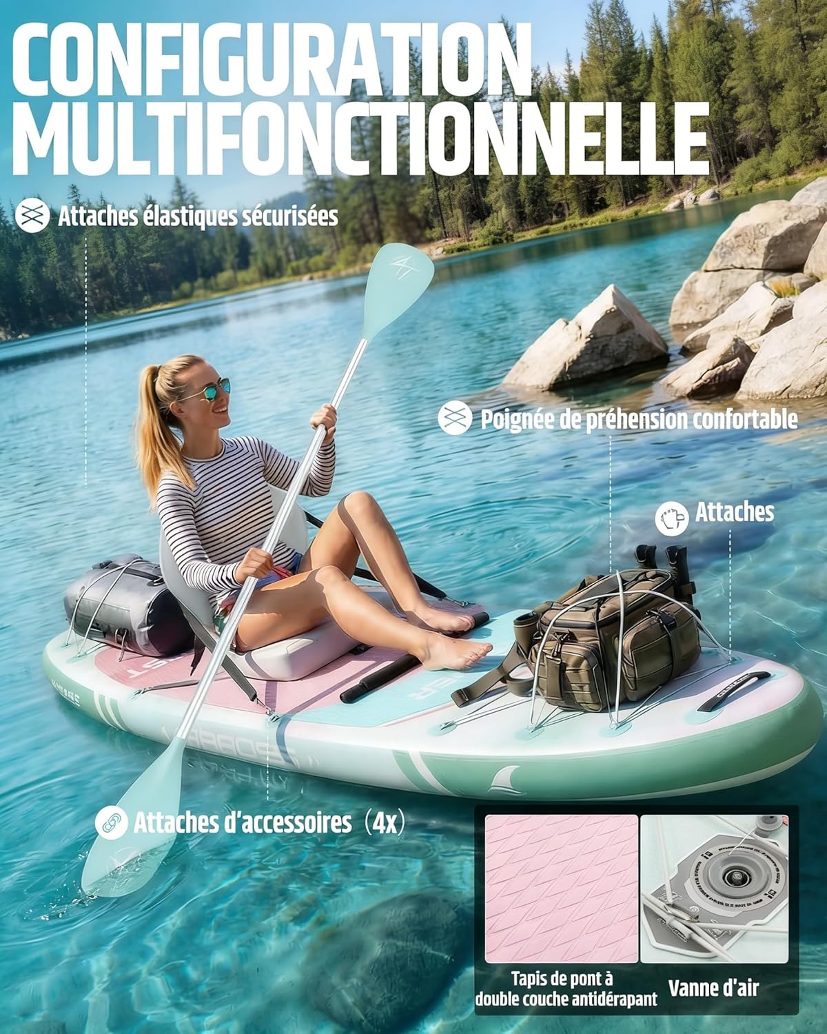 Planche de Paddle Gonflable - kayak 2 places 366x92cm - siège inclus & charge 240kg