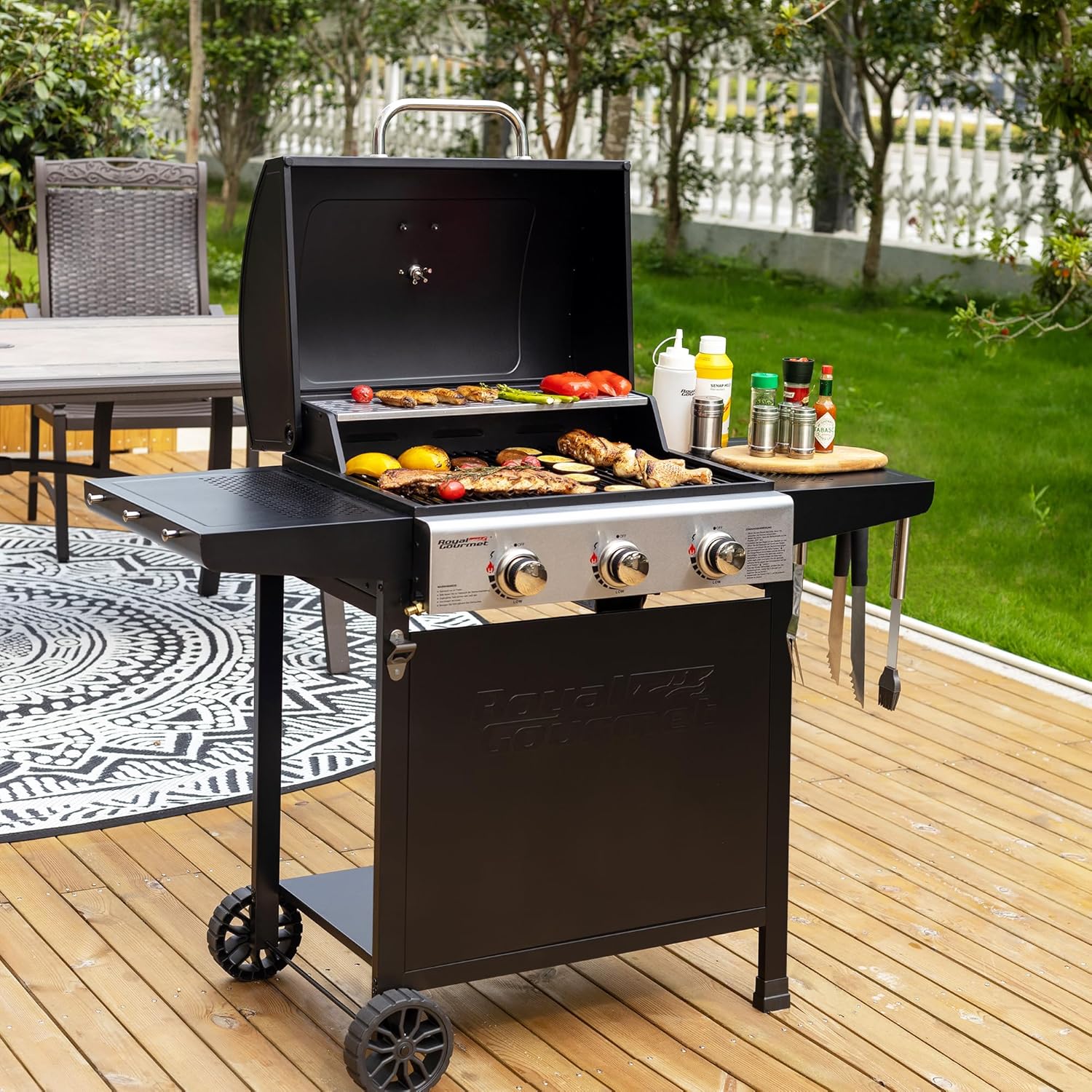 karaca-alisveris – BBQ Gaz 3 brûleurs – 9kW – chariot, capot, grilles, jardin