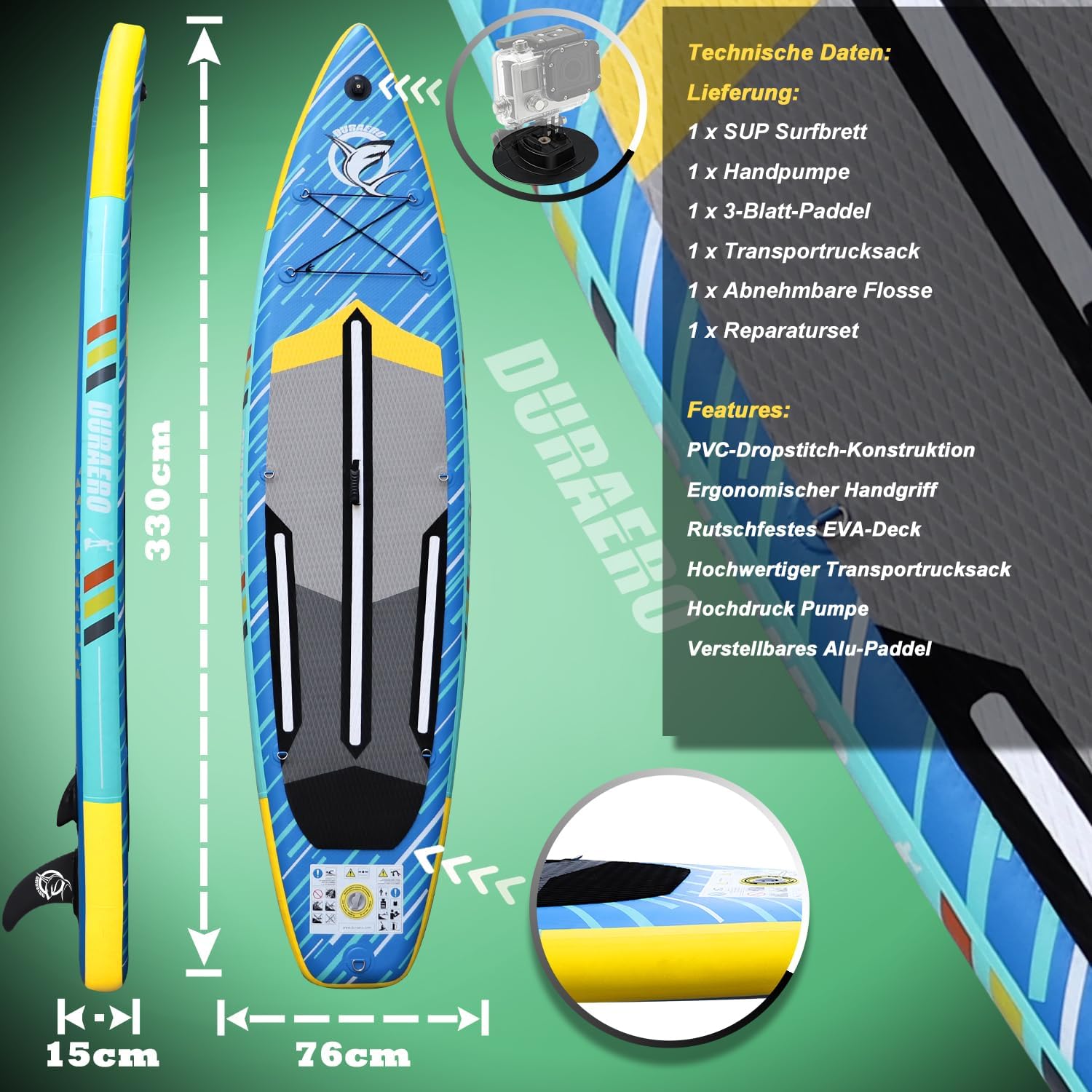 Kayak Gonflable - siège SUP, pagaie 2 en 1, 330x76x15cm, pompe, sac à dos