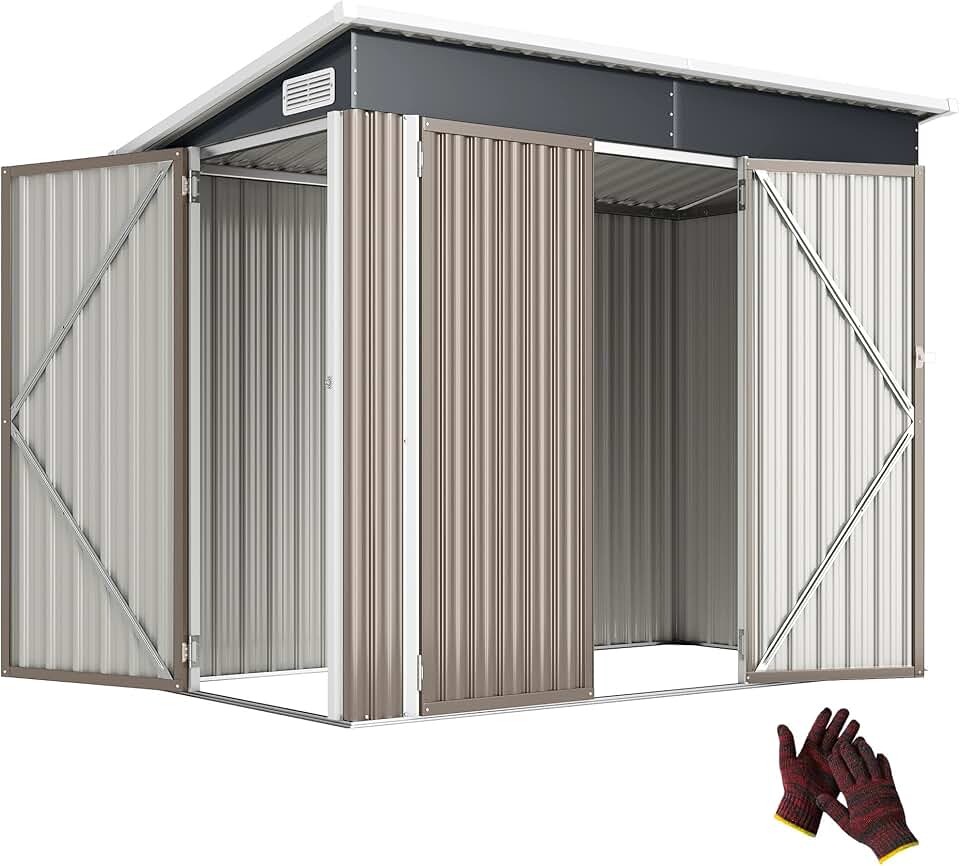 Abri de jardin métal - 234x132x185 cm - triple porte, toit incliné, aérations