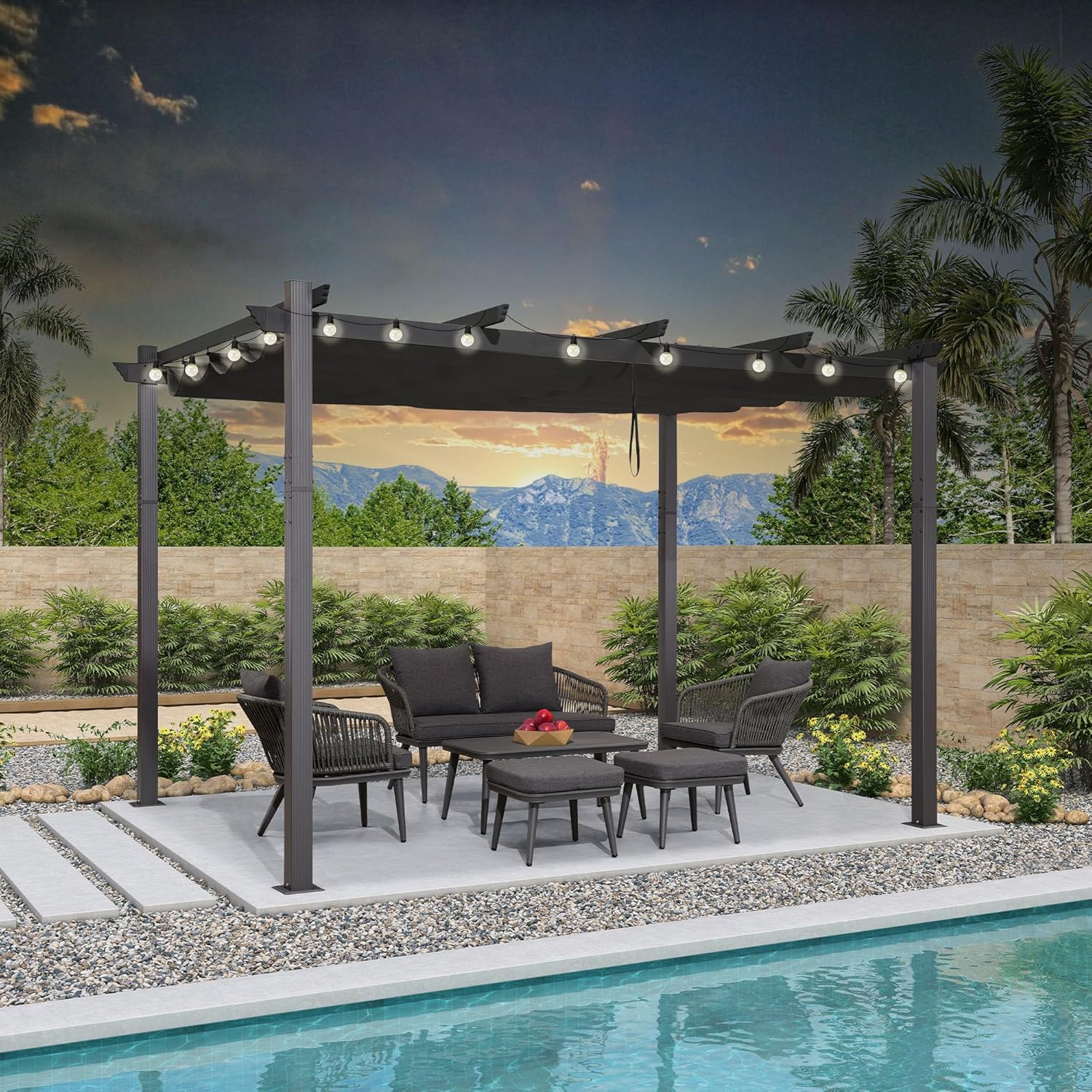 karaca-alisveris - pergola aluminium - 3,65x3m - toit rétractable LED, tissu gris