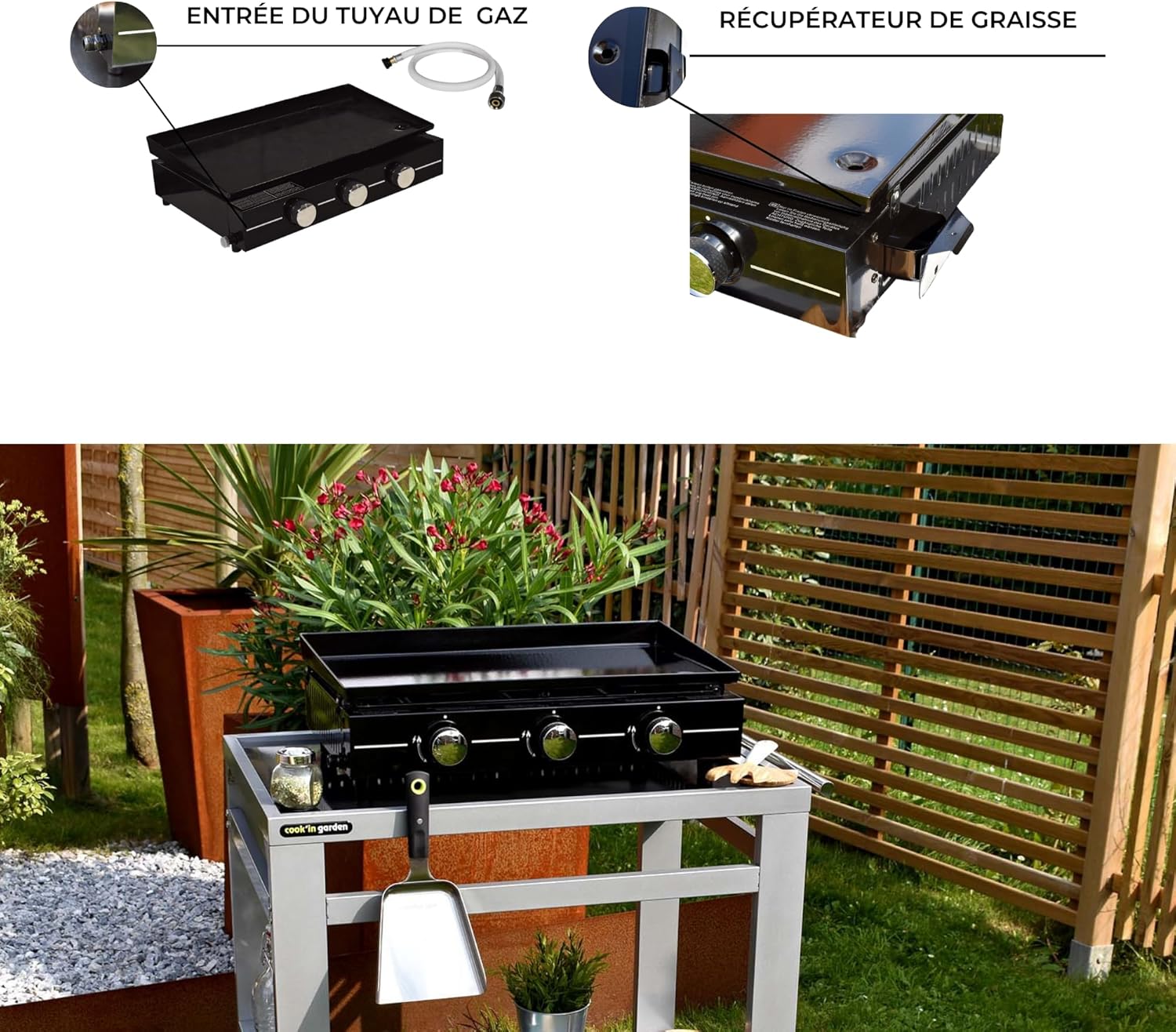 Cook’in Garden - plancha gaz 3 brûleurs, acier émaillé, 10 pers, bac amovible