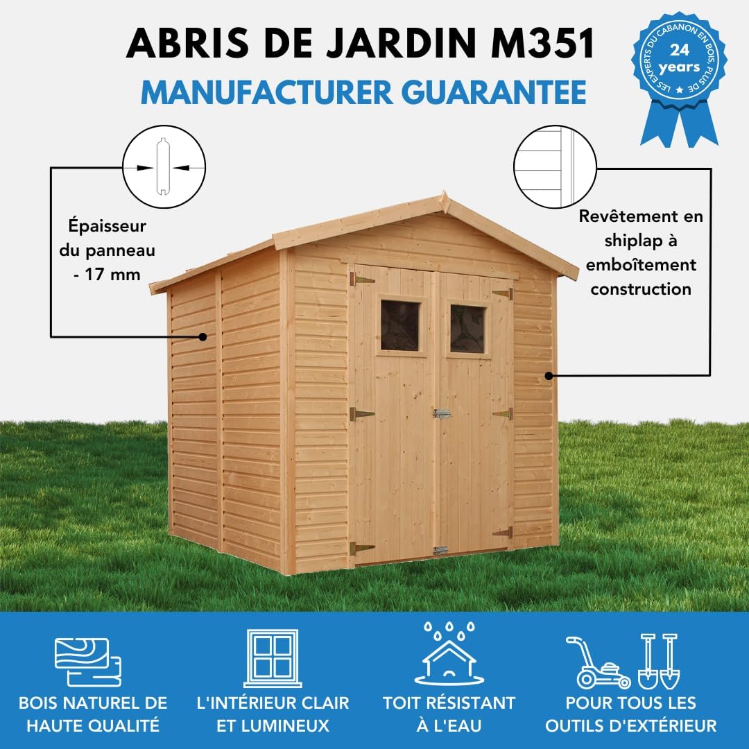 Abri de Jardin en Bois Naturel - Stockage extérieur avec fenêtres H228x222x233 cm/4,2 m² Hangar en Bois Naturel - Atelier Rangement Outils et vélos- karaca-alisveris M351