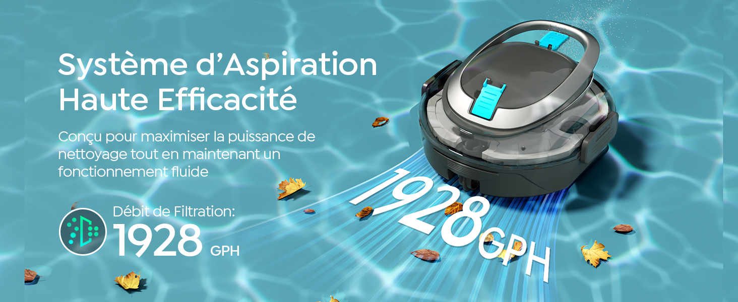 Le texte indique « Système d'Aspiration Haute Efficacité », « I92B » et « 270 GPH ». Composant d'un système d'aspiration industriel circulaire gris et blanc avec boîtier de filtre intégré, illustré sur fond de schéma technique bleu avec des icônes de composants.
