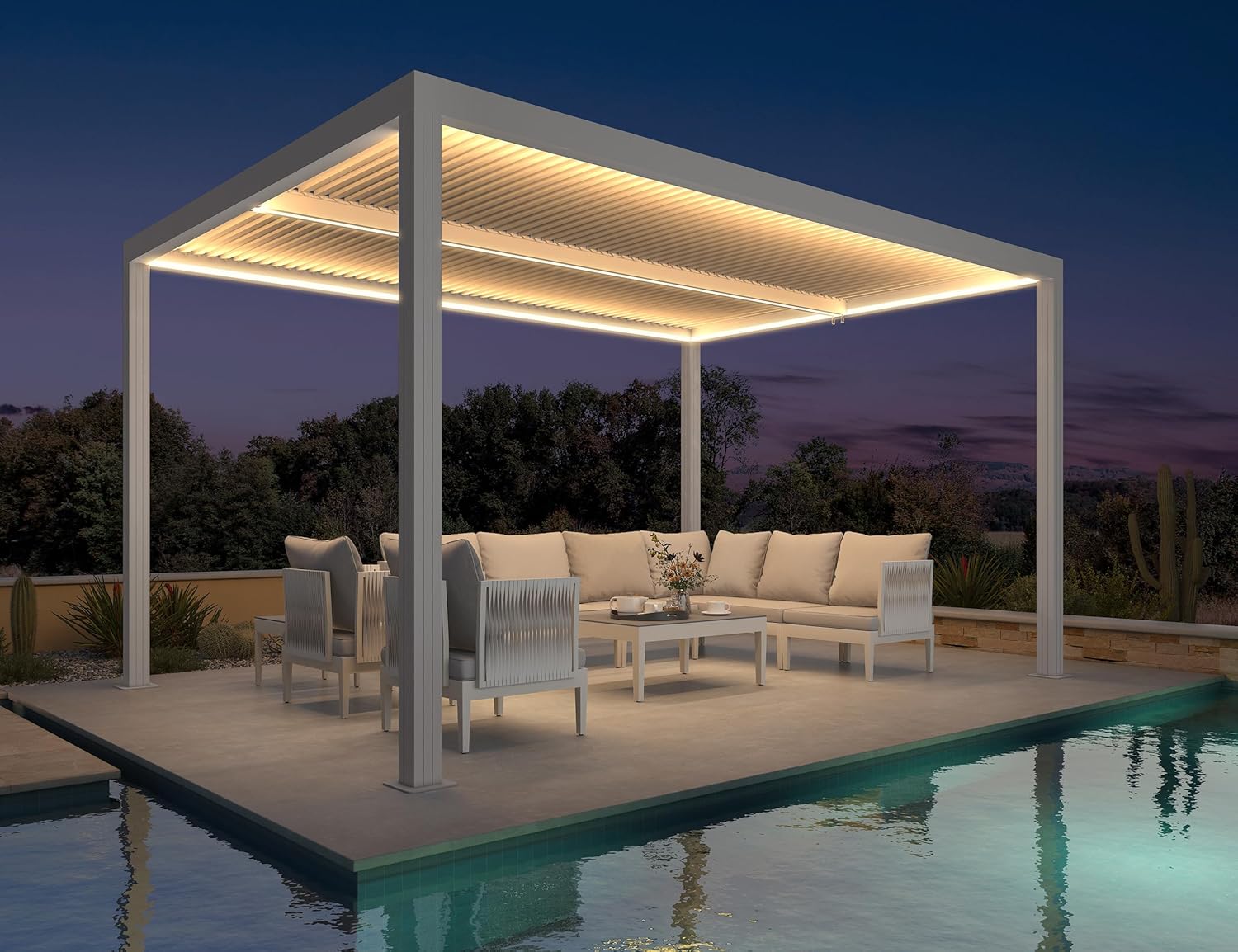 karaca-alisveris - Pergola bioclimatique 4,24x3m - alu, LED, gouttières, blanc