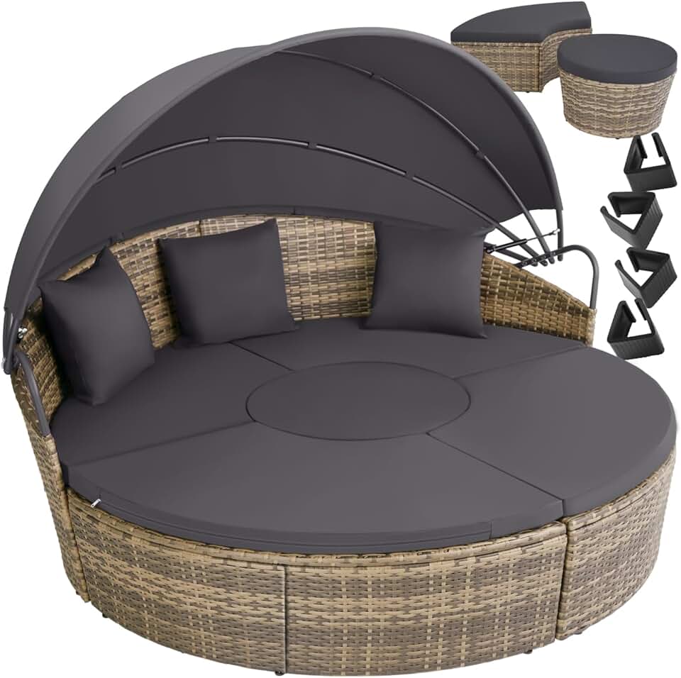 karaca-alisveris - Bain de soleil modulable avec pare-soleil, coussins inclus, résine tressée, relax extérieur