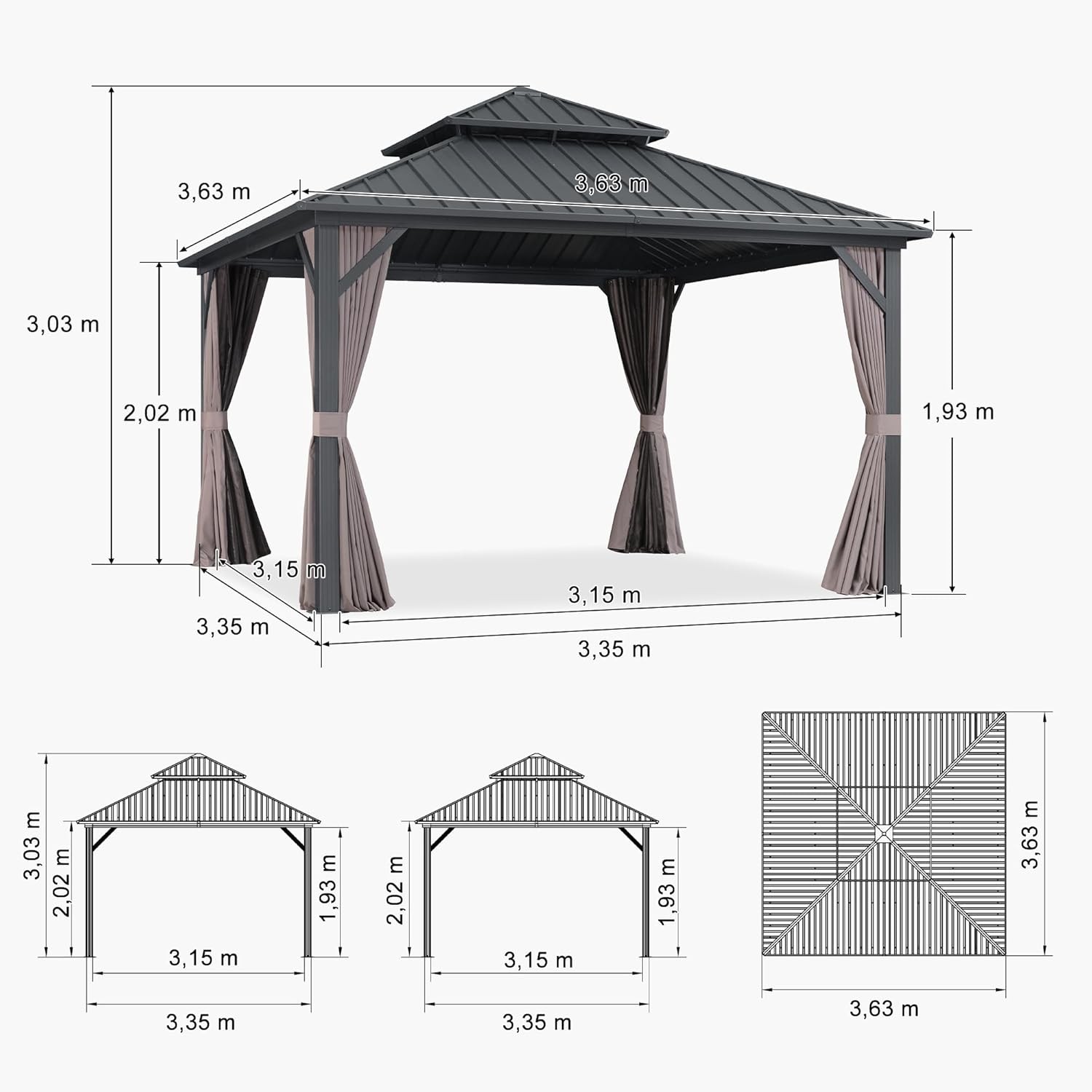 karaca-alisveris Tonnelle de Jardin Extérieur 3,65 x 3,65 m avec Guirlande Lumineuse, Pavillon Aluminium à Double Toit en Acier Galvanisé, Pergola Jardin Extérieur avec Rideaux pour Fête, Barbecue, Gris