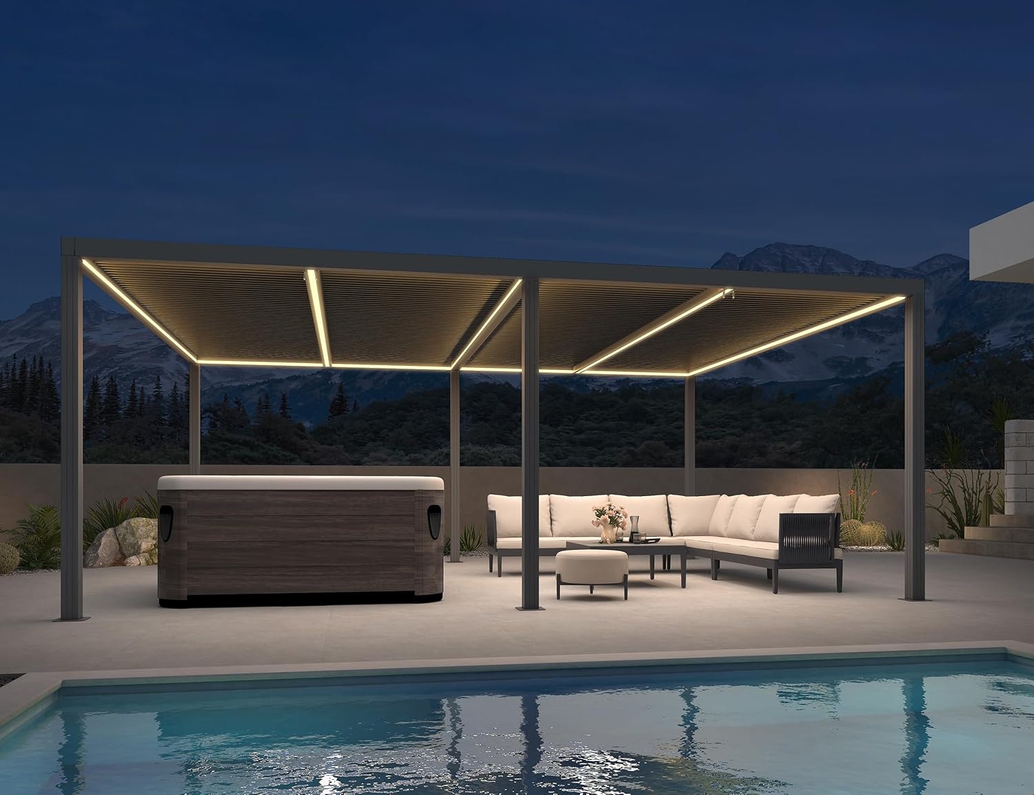 karaca-alisveris - Pergola bioclimatique - 6 x 3,68 m - alu, LED, gouttières, gris