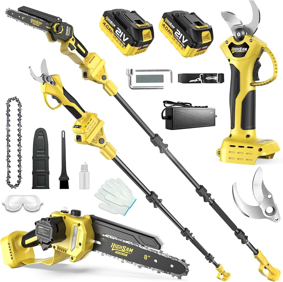 Mini scie à chaîne sans fil - 8 pouces, 4-en-1, batterie 4,0Ah, tige télescopique 4,2m