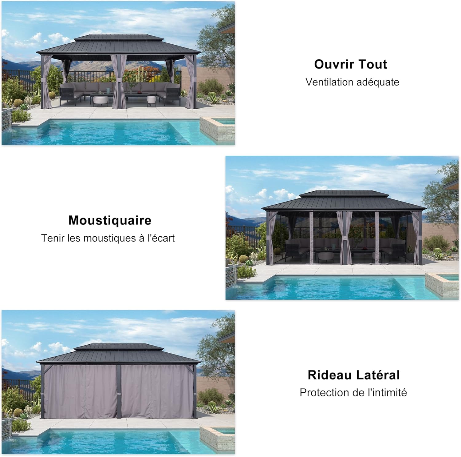 karaca-alisveris - Tonnelle double toit rigide, 6 x 3,65 m, moustiquaire, aluminium, gris
