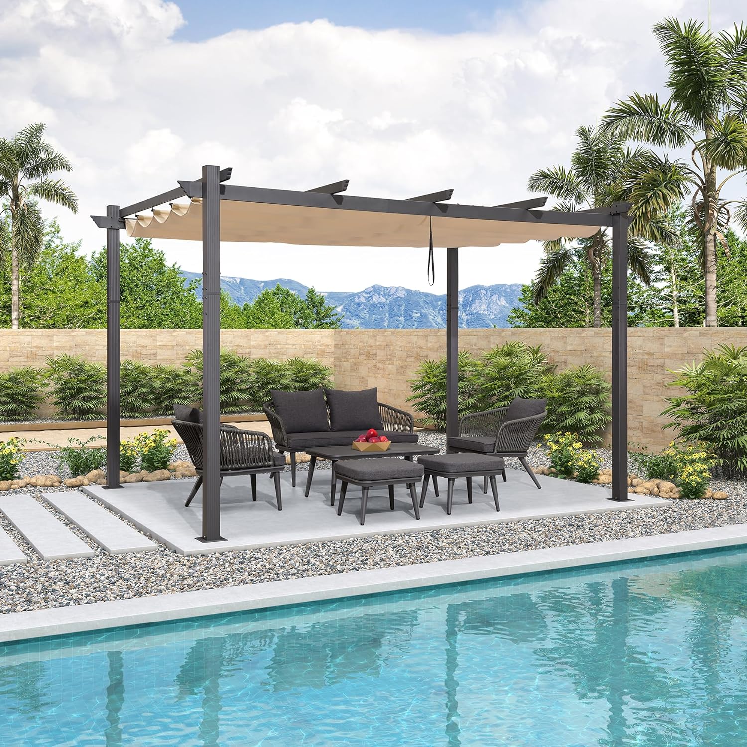 karaca-alisveris - Pergola Aluminium - 4x3m - Toit coulissant, tissu kaki