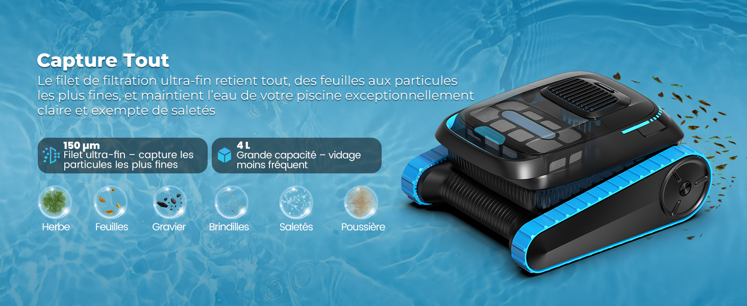 Le texte indique « Capture tout ». Fond bleu avec un robot suivi noir vu de dessus, accompagné de six icônes circulaires dans la rangée inférieure.