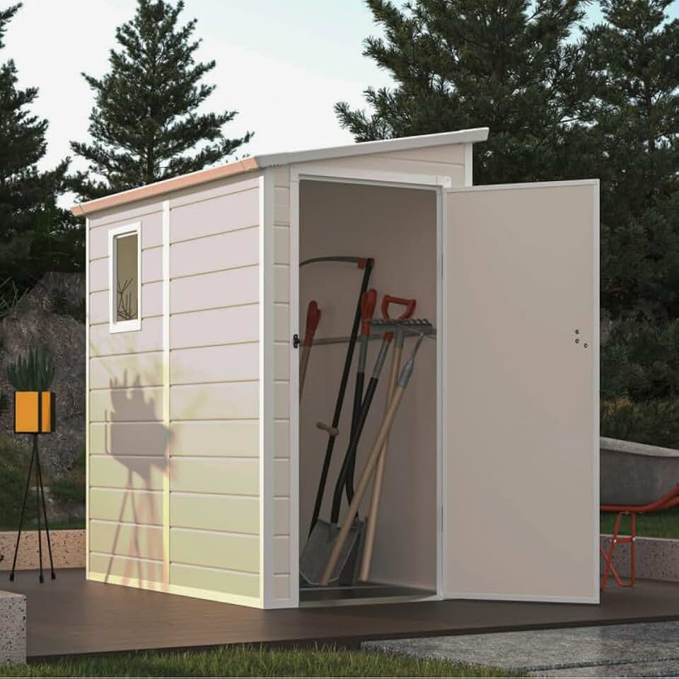 karaca-alisveris Abri de Jardin Adossé en Résine Beige 2,09m² | Rangement Extérieur avec Fenêtre et Aération | Kit de Fondation Inclus | Structure Acier Galvanisé